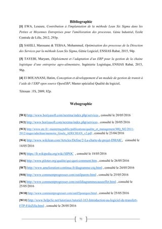 71
Bibliographie
[1] EWA, Leseure, Contribution à l'implantation de la méthode Lean Six Sigma dans les
Petites et Moyennes Entreprises pour l'amélioration des processus, Génie Industriel, Ecole
Centrale de Lille, 2012, 293p.
[2] SAHILI, Marouane & TEBAA, Mohammed, Optimisation des processus de la Direction
des Services par la méthode Lean Six Sigma, Génie Logiciel, ENSIAS Rabat, 2015, 94p.
[3] TAYEBI, Maryam, Déploiement et l’adaptation d’un ERP pour la gestion de la chaine
logistique d’une entreprise agro-alimentaire, Ingénierie Logistique, ENSIAS Rabat, 2015,
96p.
[4] El BOUANANI, Hatim, Conception et développement d’un module de gestion de transit à
l’aide de l’ERP open source OpenERP, Master spécialisé Qualité du logiciel,
Tétouan : FS, 2009, 82p.
Webographie
[W1] http://www.horiyasoft.com/nextma/index.php/services , consulté le 20/05/2016
[W2] http://www.horiyasoft.com/nextma/index.php/services , consulté le 20/05/2016
[W3] http://www.utc.fr/~mastermq/public/publications/qualite_et_management/MQ_M2/2011-
2012/stages/adechian/memoire_Gisele_ADECHIAN_v2.pdf , consulté le 23/04/2016
[W4] http://www.wikilean.com/Articles/Define/2-La-charte-de-projet-DMAIC, consulté le
14/05/2016
[W5] https://fr.wikipedia.org/wiki/SIPOC , consulté le 18/05/2016
[W6] http://www.piloter.org/qualite/qui-quoi-comment.htm , consulté le 26/05/2016
[W7] http://www.amelioration-continue.fr/diagramme-ctq.html , consulté le 24/05/2016
[W8] http://www.commentprogresser.com/outilpareto.html , consulté le 25/05/2016
[W9] http://www.commentprogresser.com/outildiagrammecauseeffet.html , consulté le
25/05/2016
[W10] http://www.commentprogresser.com/outil5pourquoi.html , consulté le 25/05/2016
[W11] http://www.helpclic.net/tutoriaux/tutoriel-163-Introduction-au-logiciel-de-transfert-
FTP-FileZilla.html , consulté le 28/05/2016
 