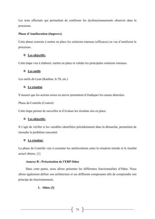 76
Les tests effectués qui permettent de confirmer les dysfonctionnements observés dans le
processus.
Phase d’Amélioration (Improve)
Cette phase consiste à mettre en place les solutions retenues (efficaces) en vue d’améliorer le
processus.
 Les objectifs:
Cette étape vise à élaborer, mettre en place et valider les principales solutions retenues.
 Les outils
Les outils du Lean (Kanban, le 5S, etc.)
 Le résultat
S’assurer que les actions mises en œuvre permettent d’éradiquer les causes détectées.
Phase de Contrôle (Control)
Cette étape permet de surveiller et d’évaluer les résultats mis en place.
 Les objectifs:
Il s’agit de vérifier si les variables identifiées précédemment dans la démarche, permettent de
résoudre le problème rencontré
 Le résultat:
La phase de Contrôle vise à constater les améliorations entre la situation initiale et le résultat
actuel obtenu. [1]
Annexe B : Présentation de l’ERP Odoo
Dans cette partie, nous allons présenter les différentes fonctionnalités d’Odoo. Nous
allons également définir son architecture et ses différents composants afin de comprendre son
principe du fonctionnement.
1. Odoo [3]
 