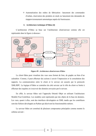 81
 Automatisation des ordres de fabrication : lancement des commandes
d’achats, réservation des produits en stock ou lancement des demandes de
réapprovisionnement automatique auprès de fournisseurs.
2. Architecture technique d’Odoo [4]
L’architecture d’Odoo se base sur l’architecture client/serveur comme elle est
représentée dans la figure ci-dessous :
Figure 49 : Architecture client/serveur d'Odoo
Le client Odoo peut visualiser des vues sous format de liste, de graphe ou bien d’un
calendrier. Comme, il peut effectuer des actions à savoir l’impression et la consultation des
rapports. La communication entre le client et le serveur est assurée par le protocole
XML/RPC. La logique d’Odoo se centralise du côté serveur car le rôle du client se limite à
effectuer des requêtes et à recevoir des données envoyées par le serveur.
En effet, le serveur Odoo suit l’approche Orienté Objet en utilisant l’architecture
Modèle-Vue-Contrôleur. Les modèles sont représentés par des objets de la base de données.
Les vues, quant à elles, sont des interfaces développées en XML tandis que les contrôleurs
sont des fichiers développés en Python qui décrivent les fonctionnalités métiers.
Le serveur Odoo est constitué de plusieurs composantes principales comme montre le
schéma suivant :
 