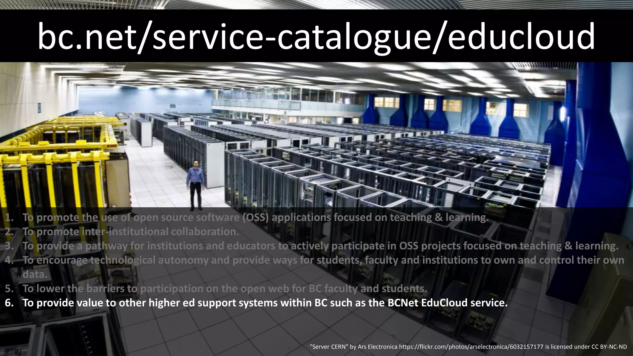 1. To promote the use of open source software (OSS) applications focused on teaching & learning.
Photo: How To: Founding an Open Source Software Center at a University by opensourceway is licensed under CC BY-SA. Photo was cropped
 