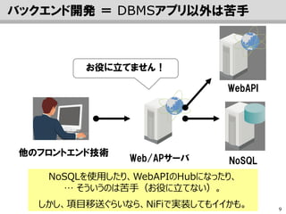 9
バックエンド開発 ＝ DBMSアプリ以外は苦手
他のフロントエンド技術
NoSQLを使用したり、WebAPIのHubになったり、
… そういうのは苦手（お役に立てない）。
しかし、項目移送ぐらいなら、NiFiで実装してもイイかも。
NoSQLWeb/APサーバ
WebAPI
お役に立てません！
 