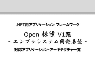 .NET用アプリケーション フレームワーク
Open 棟梁 V1系
- エンプラシステム開発基盤 -
対応アプリケーション・アーキテクチャ一覧
 