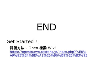 11
END
評価方法 - Open 棟梁 Wiki
https://opentouryo.osscons.jp/index.php?%E8%
A9%95%E4%BE%A1%E6%96%B9%E6%B3%95
Get Started !!
 