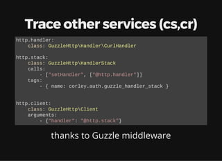 Trace other services (cs,cr)
thanks to Guzzle middleware
http.handler:
class: GuzzleHttpHandlerCurlHandler
http.stack:
class: GuzzleHttpHandlerStack
calls:
- ["setHandler", ["@http.handler"]]
tags:
- { name: corley.auth.guzzle_handler_stack }
http.client:
class: GuzzleHttpClient
arguments:
- {"handler": "@http.stack"}
 