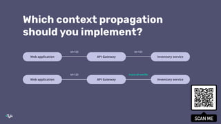 Which context propagation
should you implement?
Web application API Gateway Inventory service
id=123 id=123
Web application API Gateway Inventory service
id=123 trace-id=xw39s
 