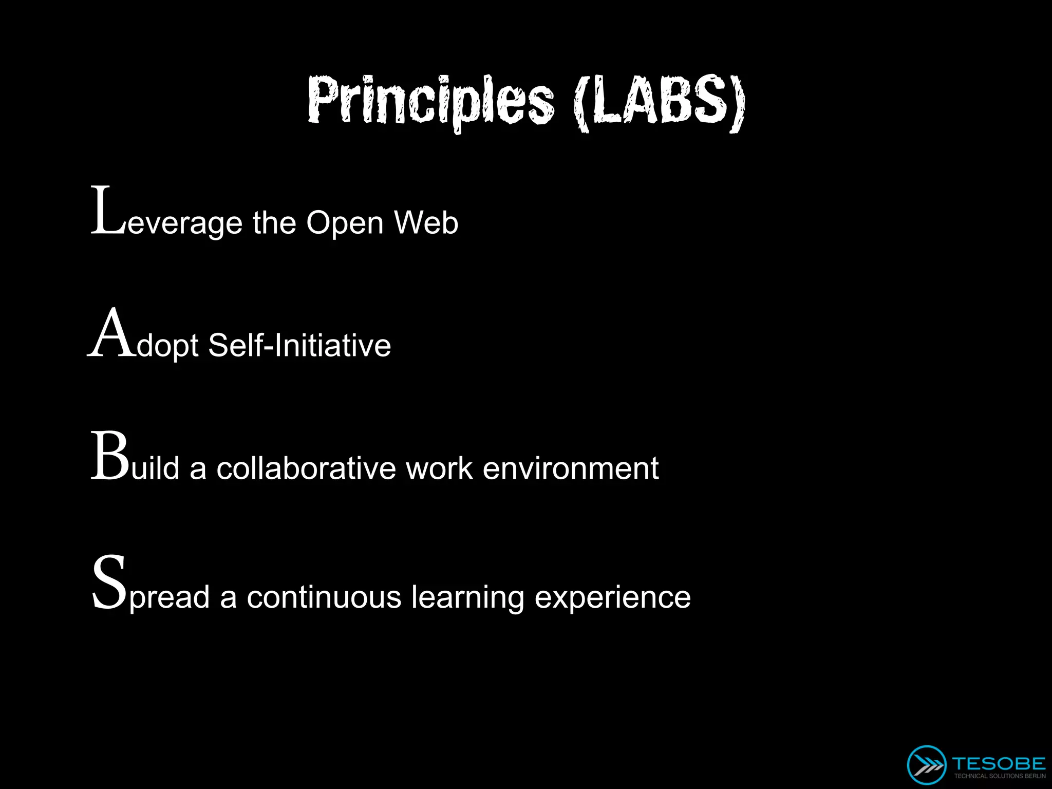 Principles (LABS)
L
everage the Open Web


A   dopt Self-Initiative


B   uild a collaborative work environment



S   pread a continuous learning experience
 