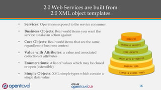 2.0 Web Services are built from
2.0 XML object templates
• Services: Operations exposed to the service consumer
• Business Objects: Real world items you want the
service to take an action against
• Core Objects: Real world items that are the same
regardless of business context
• Value with Attributes: a value and associated
collection of attributes
• Enumerations: A list of values which may be closed
or open (extensible)
• Simple Objects: XML simple types which contain a
single data value
16
 