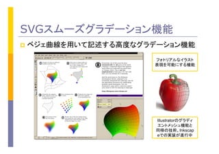 SVGスムーズグラデーション機能
p  ベジェ曲線を用いて記述する高度なグラデーション機能
フォトリアルなイラスト
表現を可能にする機能
Illustratorのグラディ
エントメッシュ機能と
同様の技術、Inkscap
eでの実装が進行中
 