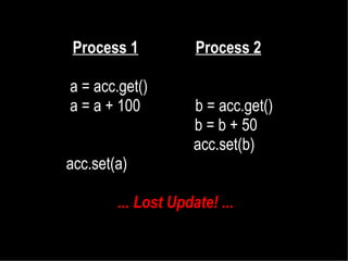 Process 1
a = acc.get()
a = a + 100

Process 2
b = acc.get()
b = b + 50
acc.set(b)

acc.set(a)
... Lost Update! ...

 