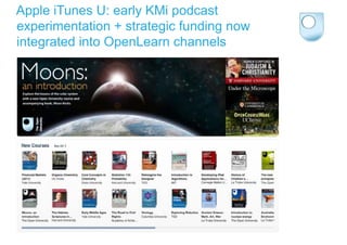 Apple iTunes U: early KMi podcast
experimentation + strategic funding now
integrated into OpenLearn channels
 