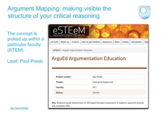 Argument Mapping: making visible the
structure of your critical reasoning

The concept is
picked up within a
particular faculty
(STEM)

Lead: Paul Piwek




 http://bit.ly/HQtl9z
 
