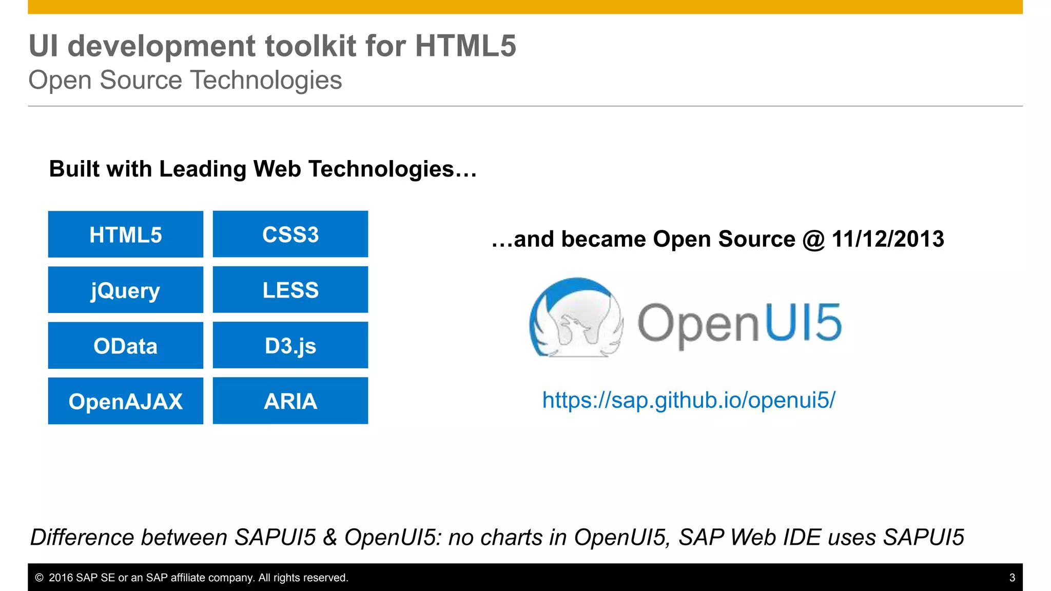 © 2016 SAP SE or an SAP affiliate company. All rights reserved. 3
UI development toolkit for HTML5
Open Source Technologies
HTML5
jQuery
OData
OpenAJAX
CSS3
LESS
D3.js
ARIA
Built with Leading Web Technologies…
…and became Open Source @ 11/12/2013
https://sap.github.io/openui5/
Difference between SAPUI5 & OpenUI5: no charts in OpenUI5, SAP Web IDE uses SAPUI5
 