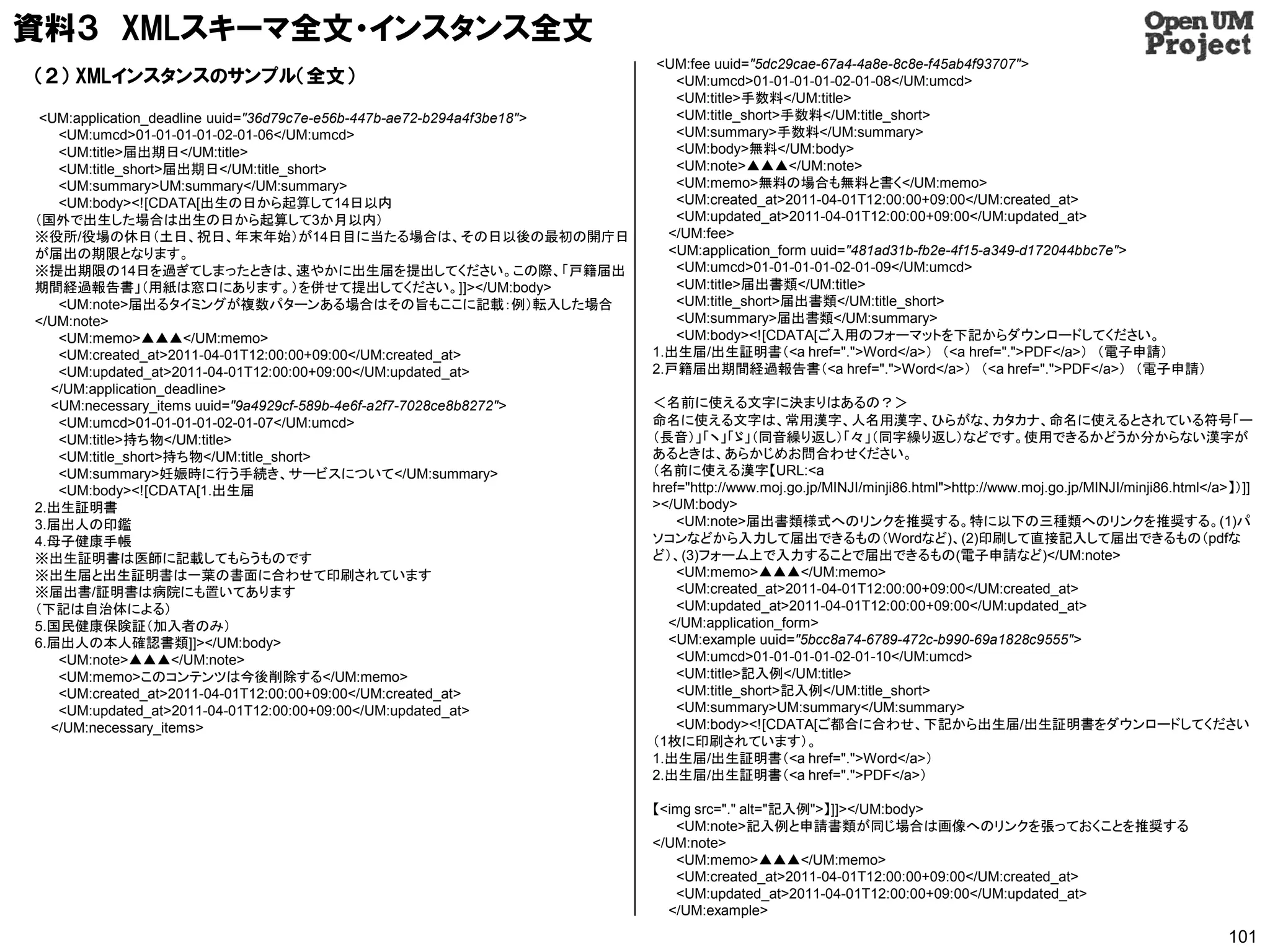 資料３ XMLスキーマ全文・インスタンス全文
                                                                          <UM:fee uuid="5dc29cae-67a4-4a8e-8c8e-f45ab4f93707">
（２） XMLインスタンスのサンプル（全文）                                                      <UM:umcd>01-01-01-01-02-01-08</UM:umcd>
                                                                            <UM:title>手数料</UM:title>
 <UM:application_deadline uuid="36d79c7e-e56b-447b-ae72-b294a4f3be18">      <UM:title_short>手数料</UM:title_short>
   <UM:umcd>01-01-01-01-02-01-06</UM:umcd>                                  <UM:summary>手数料</UM:summary>
   <UM:title>届出期日</UM:title>                                                <UM:body>無料</UM:body>
   <UM:title_short>届出期日</UM:title_short>                                    <UM:note>▲▲▲</UM:note>
   <UM:summary>UM:summary</UM:summary>                                      <UM:memo>無料の場合も無料と書く</UM:memo>
   <UM:body><![CDATA[出生の日から起算して14日以内                                        <UM:created_at>2011-04-01T12:00:00+09:00</UM:created_at>
（国外で出生した場合は出生の日から起算して3か月以内）                                                 <UM:updated_at>2011-04-01T12:00:00+09:00</UM:updated_at>
※役所/役場の休日（土日、祝日、年末年始）が14日目に当たる場合は、その日以後の最初の開庁日                             </UM:fee>
が届出の期限となります。                                                               <UM:application_form uuid="481ad31b-fb2e-4f15-a349-d172044bbc7e">
※提出期限の14日を過ぎてしまったときは、速やかに出生届を提出してください。この際、「戸籍届出                             <UM:umcd>01-01-01-01-02-01-09</UM:umcd>
期間経過報告書」（用紙は窓口にあります。）を併せて提出してください。]]></UM:body>                             <UM:title>届出書類</UM:title>
   <UM:note>届出るタイミングが複数パターンある場合はその旨もここに記載：例）転入した場合                          <UM:title_short>届出書類</UM:title_short>
</UM:note>                                                                  <UM:summary>届出書類</UM:summary>
   <UM:memo>▲▲▲</UM:memo>                                                   <UM:body><![CDATA[ご入用のフォーマットを下記からダウンロードしてください。
   <UM:created_at>2011-04-01T12:00:00+09:00</UM:created_at>              1.出生届/出生証明書（<a href=".">Word</a>） （<a href=".">PDF</a>） （電子申請）
   <UM:updated_at>2011-04-01T12:00:00+09:00</UM:updated_at>              2.戸籍届出期間経過報告書（<a href=".">Word</a>） （<a href=".">PDF</a>） （電子申請）
  </UM:application_deadline>
  <UM:necessary_items uuid="9a4929cf-589b-4e6f-a2f7-7028ce8b8272">       ＜名前に使える文字に決まりはあるの？＞
   <UM:umcd>01-01-01-01-02-01-07</UM:umcd>                               命名に使える文字は、常用漢字、人名用漢字、ひらがな、カタカナ、命名に使えるとされている符号「ー
   <UM:title>持ち物</UM:title>                                              （長音）」「ヽ」「ゞ」（同音繰り返し）「々」（同字繰り返し）などです。使用できるかどうか分からない漢字が
   <UM:title_short>持ち物</UM:title_short>                                  あるときは、あらかじめお問合わせください。
   <UM:summary>妊娠時に行う手続き、サービスについて</UM:summary>                           （名前に使える漢字【URL:<a
   <UM:body><![CDATA[1.出生届                                               href="http://www.moj.go.jp/MINJI/minji86.html">http://www.moj.go.jp/MINJI/minji86.html</a>】）]]
2.出生証明書                                                                  ></UM:body>
3.届出人の印鑑                                                                     <UM:note>届出書類様式へのリンクを推奨する。特に以下の三種類へのリンクを推奨する。(1)パ
4.母子健康手帳                                                                 ソコンなどから入力して届出できるもの（Wordなど)、(2)印刷して直接記入して届出できるもの（pdfな
※出生証明書は医師に記載してもらうものです                                                    ど）、(3)フォーム上で入力することで届出できるもの(電子申請など)</UM:note>
※出生届と出生証明書は一葉の書面に合わせて印刷されています                                                <UM:memo>▲▲▲</UM:memo>
※届出書/証明書は病院にも置いてあります                                                         <UM:created_at>2011-04-01T12:00:00+09:00</UM:created_at>
（下記は自治体による）                                                                  <UM:updated_at>2011-04-01T12:00:00+09:00</UM:updated_at>
5.国民健康保険証（加入者のみ）                                                           </UM:application_form>
6.届出人の本人確認書類]]></UM:body>                                                  <UM:example uuid="5bcc8a74-6789-472c-b990-69a1828c9555">
   <UM:note>▲▲▲</UM:note>                                                    <UM:umcd>01-01-01-01-02-01-10</UM:umcd>
   <UM:memo>このコンテンツは今後削除する</UM:memo>                                         <UM:title>記入例</UM:title>
   <UM:created_at>2011-04-01T12:00:00+09:00</UM:created_at>                  <UM:title_short>記入例</UM:title_short>
   <UM:updated_at>2011-04-01T12:00:00+09:00</UM:updated_at>                  <UM:summary>UM:summary</UM:summary>
  </UM:necessary_items>                                                      <UM:body><![CDATA[ご都合に合わせ、下記から出生届/出生証明書をダウンロードしてください
                                                                         （1枚に印刷されています）。
                                                                         1.出生届/出生証明書（<a href=".">Word</a>）
                                                                         2.出生届/出生証明書（<a href=".">PDF</a>）

                                                                         【<img src="." alt="記入例">】]]></UM:body>
                                                                            <UM:note>記入例と申請書類が同じ場合は画像へのリンクを張っておくことを推奨する
                                                                         </UM:note>
                                                                            <UM:memo>▲▲▲</UM:memo>
                                                                            <UM:created_at>2011-04-01T12:00:00+09:00</UM:created_at>
                                                                            <UM:updated_at>2011-04-01T12:00:00+09:00</UM:updated_at>
                                                                           </UM:example>
                                                                                                                                                                   101
 
