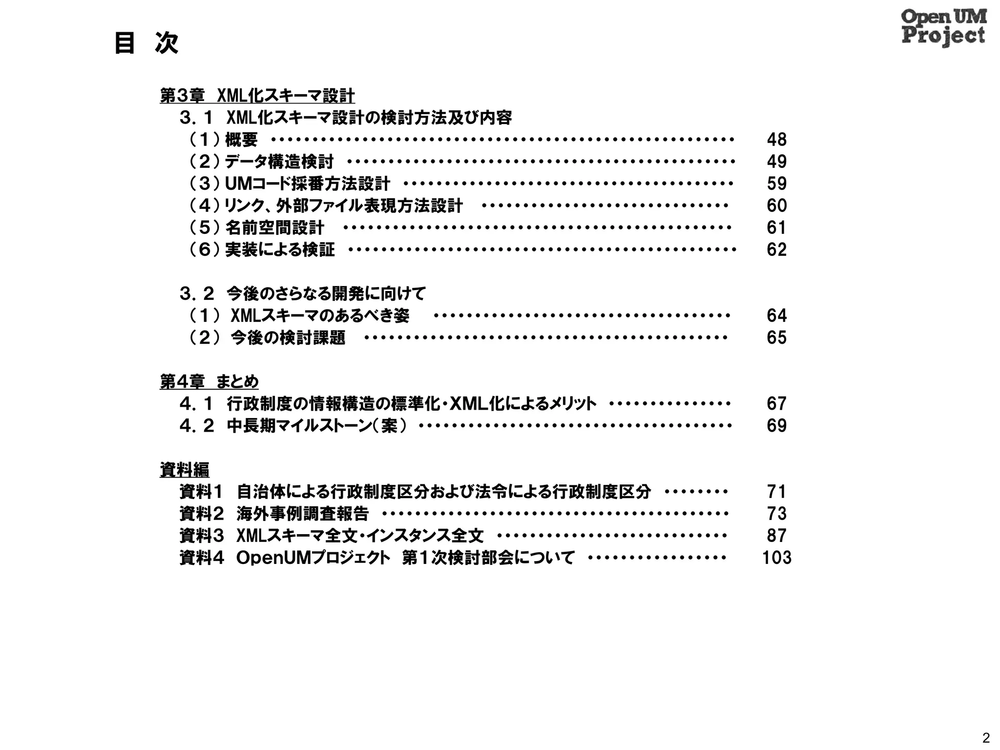 目 次
  第３章 XML化スキーマ設計
   ３．１ XML化スキーマ設計の検討方法及び内容
    （１） 概要 ・・・・・・・・・・・・・・・・・・・・・・・・・・・・・・・・・・・・・・・・・・・・・・・・・・・・・・・・   48
    （２） データ構造検討 ・・・・・・・・・・・・・・・・・・・・・・・・・・・・・・・・・・・・・・・・・・・・・・・       49
    （３） ＵＭコード採番方法設計 ・・・・・・・・・・・・・・・・・・・・・・・・・・・・・・・・・・・・・・・・          59
    （４） リンク、外部ファイル表現方法設計 ・・・・・・・・・・・・・・・・・・・・・・・・・・・・・・               60
    （５） 名前空間設計 ・・・・・・・・・・・・・・・・・・・・・・・・・・・・・・・・・・・・・・・・・・・・・・・        61
    （６） 実装による検証 ・・・・・・・・・・・・・・・・・・・・・・・・・・・・・・・・・・・・・・・・・・・・・・・       62

      ３．２ 今後のさらなる開発に向けて
       （１） XMLスキーマのあるべき姿 ・・・・・・・・・・・・・・・・・・・・・・・・・・・・・・・・・・・・         64
       （２） 今後の検討課題 ・・・・・・・・・・・・・・・・・・・・・・・・・・・・・・・・・・・・・・・・・・・・       65

  第４章 まとめ
   ４．１ 行政制度の情報構造の標準化・ＸＭＬ化によるメリット ・・・・・・・・・・・・・・・                      67
   ４．２ 中長期マイルストーン（案） ・・・・・・・・・・・・・・・・・・・・・・・・・・・・・・・・・・・・・・           69

  資料編
   資料１     自治体による行政制度区分および法令による行政制度区分 ・・・・・・・・                         71
   資料２     海外事例調査報告 ・・・・・・・・・・・・・・・・・・・・・・・・・・・・・・・・・・・・・・・・・・         73
   資料３     XMLスキーマ全文・インスタンス全文 ・・・・・・・・・・・・・・・・・・・・・・・・・・・・             87
   資料４     ＯｐｅｎＵＭプロジェクト 第１次検討部会について ・・・・・・・・・・・・・・・・・                 103




                                                                            2
 