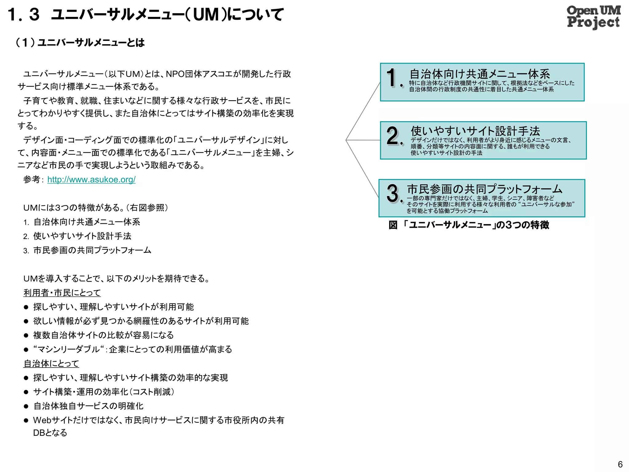 １．３ ユニバーサルメニュー（ＵＭ）について
（１） ユニバーサルメニューとは

 ユニバーサルメニュー（以下ＵＭ）とは、NPO団体アスコエが開発した行政     自治体向け共通メニュー体系
                                         特に自治体など行政機関サイトに関して、根拠法などをベースにした
サービス向け標準メニュー体系である。                       自治体間の行政制度の共通性に着目した共通メニュー体系

 子育てや教育、就職、住まいなどに関する様々な行政サービスを、市民に
とってわかりやすく提供し、また自治体にとってはサイト構築の効率化を実現
する。
                                         使いやすいサイト設計手法
 デザイン面・コーディング面での標準化の「ユニバーサルデザイン」に対し      デザインだけではなく、利用者がより身近に感じるメニューの文言、
                                         順番、分類等サイトの内容面に関する、誰もが利用できる
て、内容面・メニュー面での標準化である「ユニバーサルメニュー」を主婦、シ     使いやすいサイト設計の手法

ニアなど市民の手で実現しようという取組みである。
 参考： http://www.asukoe.org/
                                         市民参画の共同プラットフォーム
                                         一部の専門家だけではなく、主婦、学生、シニア、障害者など
                                         そのサイトを実際に利用する様々な利用者の “ユニバーサルな参加”
 ＵＭには３つの特徴がある。（右図参照）                     を可能とする協働プラットフォーム

 1. 自治体向け共通メニュー体系                      図 「ユニバーサルメニュー」の３つの特徴
 2. 使いやすいサイト設計手法
 3. 市民参画の共同プラットフォーム


 ＵＭを導入することで、以下のメリットを期待できる。
 利用者・市民にとって
  探しやすい、理解しやすいサイトが利用可能
  欲しい情報が必ず見つかる網羅性のあるサイトが利用可能
  複数自治体サイトの比較が容易になる
  “マシンリーダブル“：企業にとっての利用価値が高まる
 自治体にとって
  探しやすい、理解しやすいサイト構築の効率的な実現
  サイト構築・運用の効率化（コスト削減）
  自治体独自サービスの明確化
  Webサイトだけではなく、市民向けサービスに関する市役所内の共有
   DBとなる


                                                                            6
 