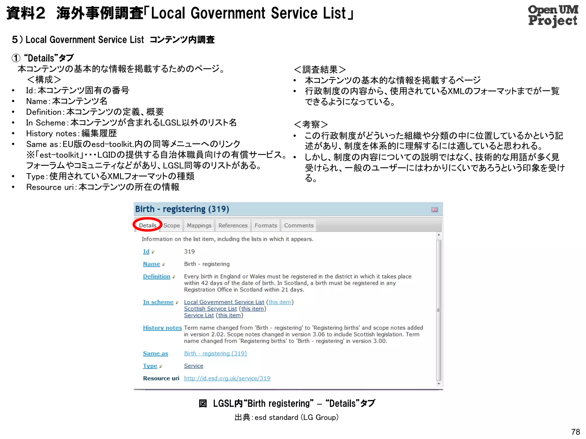 資料２ 海外事例調査「Local Government Service List」
５） Local Government Service List コンテンツ内調査

① “Details”タブ
 本コンテンツの基本的な情報を掲載するためのページ。                                 ＜調査結果＞
   ＜構成＞                                                    • 本コンテンツの基本的な情報を掲載するページ
• Id：本コンテンツ固有の番号                                           • 行政制度の内容から、使用されているXMLのフォーマットまでが一覧
• Name：本コンテンツ名                                               できるようになっている。
• Definition：本コンテンツの定義、概要
• In Scheme：本コンテンツが含まれるLGSL以外のリスト名                         ＜考察＞
• History notes：編集履歴                                       • この行政制度がどういった組織や分類の中に位置しているかという記
• Same as：EU版のesd-toolkit.内の同等メニューへのリンク                      述があり、制度を体系的に理解するには適していると思われる。
   ※「est-toolkit」・・・LGIDの提供する自治体職員向けの有償サービス。               • しかし、制度の内容についての説明ではなく、技術的な用語が多く見
   フォーラムやコミュニティなどがあり、LGSL同等のリストがある。                          受けられ、一般のユーザーにはわかりにくいであろうという印象を受け
• Type：使用されているXMLフォーマットの種類                                   る。
• Resource uri：本コンテンツの所在の情報




                                     図 LGSL内“Birth registering” – “Details”タブ
                                             出典：esd standard (LG Group)
                                                                                                78
 