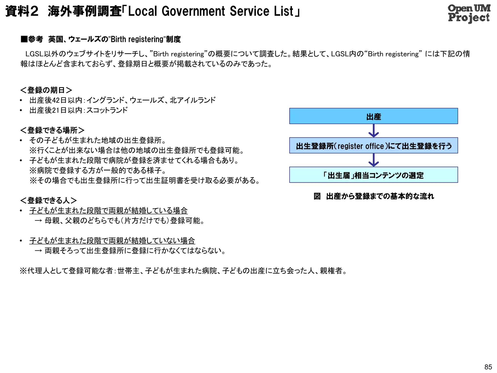 資料２ 海外事例調査「Local Government Service List」

  ■参考 英国、ウェールズの”Birth registering”制度
   LGSL以外のウェブサイトをリサーチし、”Birth registering”の概要について調査した。結果として、LGSL内の“Birth registering” には下記の情
  報はほとんど含まれておらず、登録期日と概要が掲載されているのみであった。


  ＜登録の期日＞
  • 出産後42日以内：イングランド、ウェールズ、北アイルランド
  • 出産後21日以内：スコットランド
                                                                       出産
  ＜登録できる場所＞
  • その子どもが生まれた地域の出生登録所。
                                                         出生登録所（register office）にて出生登録を行う
    ※行くことが出来ない場合は他の地域の出生登録所でも登録可能。
  • 子どもが生まれた段階で病院が登録を済ませてくれる場合もあり。
    ※病院で登録する方が一般的である様子。
                                                              「出生届」相当コンテンツの選定
    ※その場合でも出生登録所に行って出生証明書を受け取る必要がある。

                                                            図 出産から登録までの基本的な流れ
  ＜登録できる人＞
  • 子どもが生まれた段階で両親が結婚している場合
     → 母親、父親のどちらでも（片方だけでも）登録可能。

  • 子どもが生まれた段階で両親が結婚していない場合
     → 両親そろって出生登録所に登録に行かなくてはならない。

  ※代理人として登録可能な者：世帯主、子どもが生まれた病院、子どもの出産に立ち会った人、親権者。




                                                                                               85
 