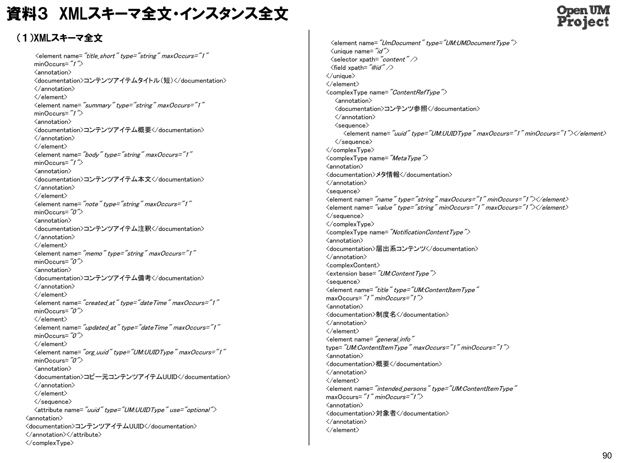 資料３ XMLスキーマ全文・インスタンス全文
（１）XMLスキーマ全文                                                      <element name="UmDocument" type="UM:UMDocumentType">
                                                                  <unique name="id">
    <element name="title_short" type="string" maxOccurs="1"
                                                                  <selector xpath="content" />
    minOccurs="1">
                                                                  <field xpath="@id" />
    <annotation>
                                                                </unique>
    <documentation>コンテンツアイテムタイトル（短）</documentation>
                                                                </element>
    </annotation>
                                                                <complexType name="ContentRefType">
    </element>
                                                                   <annotation>
    <element name="summary" type="string" maxOccurs="1"
                                                                   <documentation>コンテンツ参照</documentation>
    minOccurs="1">
                                                                   </annotation>
    <annotation>
                                                                   <sequence>
    <documentation>コンテンツアイテム概要</documentation>
                                                                       <element name="uuid" type="UM:UUIDType" maxOccurs="1" minOccurs="1"></element>
    </annotation>
                                                                   </sequence>
    </element>
                                                                </complexType>
    <element name="body" type="string" maxOccurs="1"
                                                                <complexType name="MetaType">
    minOccurs="1">
                                                                <annotation>
    <annotation>
                                                                <documentation>メタ情報</documentation>
    <documentation>コンテンツアイテム本文</documentation>
                                                                </annotation>
    </annotation>
                                                                <sequence>
    </element>
                                                                <element name="name" type="string" maxOccurs="1" minOccurs="1"></element>
    <element name="note" type="string" maxOccurs="1"
                                                                <element name="value" type="string" minOccurs="1" maxOccurs="1"></element>
    minOccurs="0">
                                                                </sequence>
    <annotation>
                                                                </complexType>
    <documentation>コンテンツアイテム注釈</documentation>
                                                                <complexType name="NotificationContentType">
    </annotation>
                                                                <annotation>
    </element>
                                                                <documentation>届出系コンテンツ</documentation>
    <element name="memo" type="string" maxOccurs="1"
                                                                </annotation>
    minOccurs="0">
                                                                <complexContent>
    <annotation>
                                                                <extension base="UM:ContentType">
    <documentation>コンテンツアイテム備考</documentation>
                                                                <sequence>
    </annotation>
                                                                <element name="title" type="UM:ContentItemType"
    </element>
                                                                maxOccurs="1" minOccurs="1">
    <element name="created_at" type="dateTime" maxOccurs="1"
                                                                <annotation>
    minOccurs="0">
                                                                <documentation>制度名</documentation>
    </element>
                                                                </annotation>
    <element name="updated_at" type="dateTime" maxOccurs="1"
                                                                </element>
    minOccurs="0">
                                                                <element name="general_info"
    </element>
                                                                type="UM:ContentItemType" maxOccurs="1" minOccurs="1">
    <element name="org_uuid" type="UM:UUIDType" maxOccurs="1"
                                                                <annotation>
    minOccurs="0">
                                                                <documentation>概要</documentation>
    <annotation>
                                                                </annotation>
    <documentation>コピー元コンテンツアイテムUUID</documentation>
                                                                </element>
    </annotation>
                                                                <element name="intended_persons" type="UM:ContentItemType"
    </element>
                                                                maxOccurs="1" minOccurs="1">
    </sequence>
                                                                <annotation>
    <attribute name="uuid" type="UM:UUIDType" use="optional">
                                                                <documentation>対象者</documentation>
 <annotation>
                                                                </annotation>
 <documentation>コンテンツアイテムUUID</documentation>
                                                                </element>
 </annotation></attribute>
 </complexType>
                                                                                                                                                   90
 