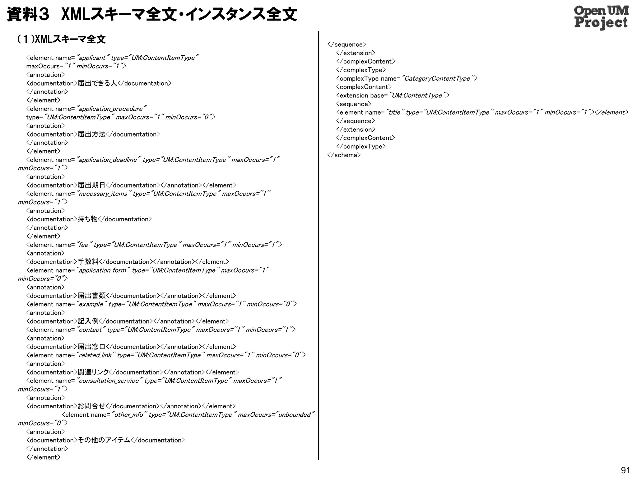 資料３ XMLスキーマ全文・インスタンス全文
（１）XMLスキーマ全文                                                                              </sequence>
                                                                                            </extension>
  <element name="applicant" type="UM:ContentItemType"
                                                                                            </complexContent>
  maxOccurs="1" minOccurs="1">
                                                                                            </complexType>
  <annotation>
                                                                                            <complexType name="CategoryContentType">
  <documentation>届出できる人</documentation>
                                                                                            <complexContent>
  </annotation>
                                                                                            <extension base="UM:ContentType">
  </element>
                                                                                            <sequence>
  <element name="application_procedure"
                                                                                            <element name="title" type="UM:ContentItemType" maxOccurs="1" minOccurs="1"></element>
  type="UM:ContentItemType" maxOccurs="1" minOccurs="0">
                                                                                            </sequence>
  <annotation>
                                                                                            </extension>
  <documentation>届出方法</documentation>
                                                                                            </complexContent>
  </annotation>
                                                                                            </complexType>
  </element>
                                                                                          </schema>
  <element name="application_deadline" type="UM:ContentItemType" maxOccurs="1"
minOccurs="1">
  <annotation>
  <documentation>届出期日</documentation></annotation></element>
  <element name="necessary_items" type="UM:ContentItemType" maxOccurs="1"
minOccurs="1">
  <annotation>
  <documentation>持ち物</documentation>
  </annotation>
  </element>
  <element name="fee" type="UM:ContentItemType" maxOccurs="1" minOccurs="1">
  <annotation>
  <documentation>手数料</documentation></annotation></element>
  <element name="application_form" type="UM:ContentItemType" maxOccurs="1"
minOccurs="0">
  <annotation>
  <documentation>届出書類</documentation></annotation></element>
  <element name="example" type="UM:ContentItemType" maxOccurs="1" minOccurs="0">
  <annotation>
  <documentation>記入例</documentation></annotation></element>
  <element name="contact" type="UM:ContentItemType" maxOccurs="1" minOccurs="1">
  <annotation>
  <documentation>届出窓口</documentation></annotation></element>
  <element name="related_link" type="UM:ContentItemType" maxOccurs="1" minOccurs="0">
  <annotation>
  <documentation>関連リンク</documentation></annotation></element>
  <element name="consultation_service" type="UM:ContentItemType" maxOccurs="1"
minOccurs="1">
  <annotation>
  <documentation>お問合せ</documentation></annotation></element>
             <element name="other_info" type="UM:ContentItemType" maxOccurs="unbounded"
minOccurs="0">
  <annotation>
  <documentation>その他のアイテム</documentation>
  </annotation>
  </element>
                                                                                                                                                                                91
 