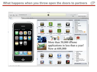 What happens when you throw open the doors to partners




                            More than 50,000 iPhone
                            applications in less than a year!
                            Now at 688,000
 