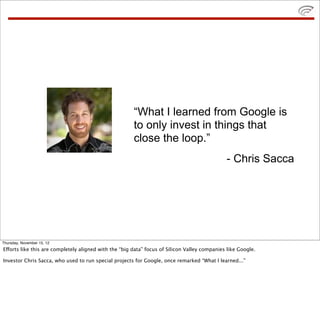 “What I learned from Google is
to only invest in things that
close the loop.”
- Chris Sacca
Thursday, November 15, 12
Efforts like this are completely aligned with the “big data” focus of Silicon Valley companies like Google.
Investor Chris Sacca, who used to run special projects for Google, once remarked “What I learned...”
 