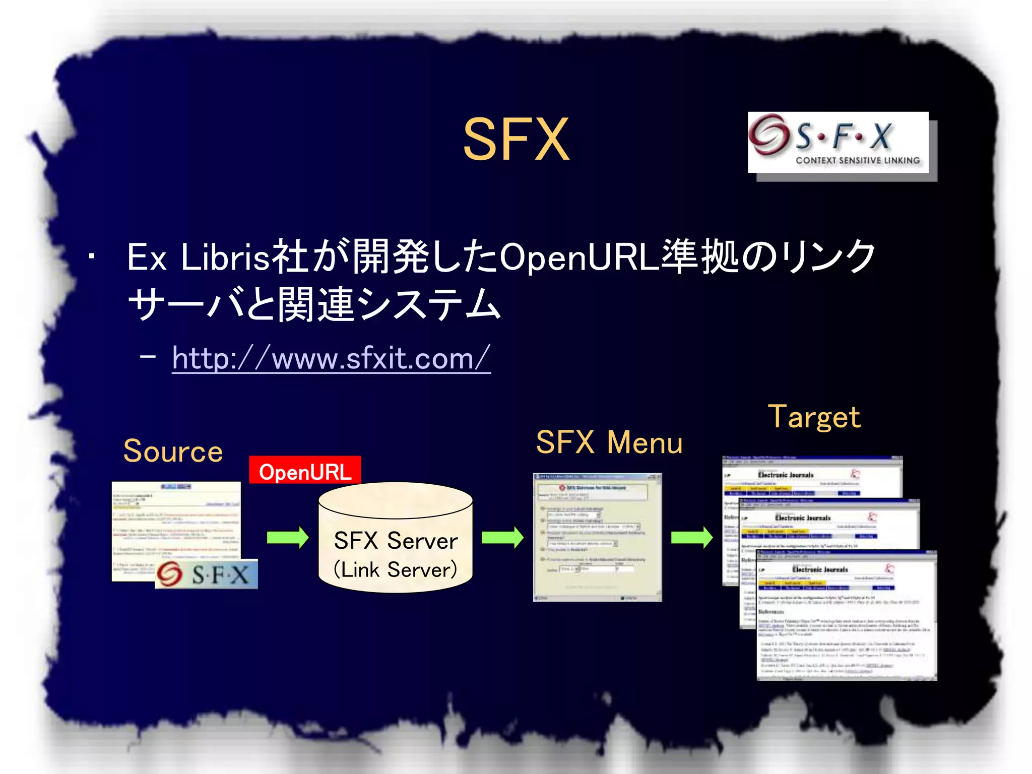 SFX
• Ex Libris社が開発したOpenURL準拠のリンク
  サーバと関連システム
  – http://www.sfxit.com/
                                            Target
 Source                          SFX Menu
          OpenURL


               SFX Server
               (Link Server)
 