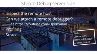 Step 7: Debug server side
• Inspect the remote host


• Can we attach a remote debugger?


• See https://youtube.com/OpenValue


• Profiling


• Strace Tools


SSH tunnels,
remote debugger,
profiler, strace
 