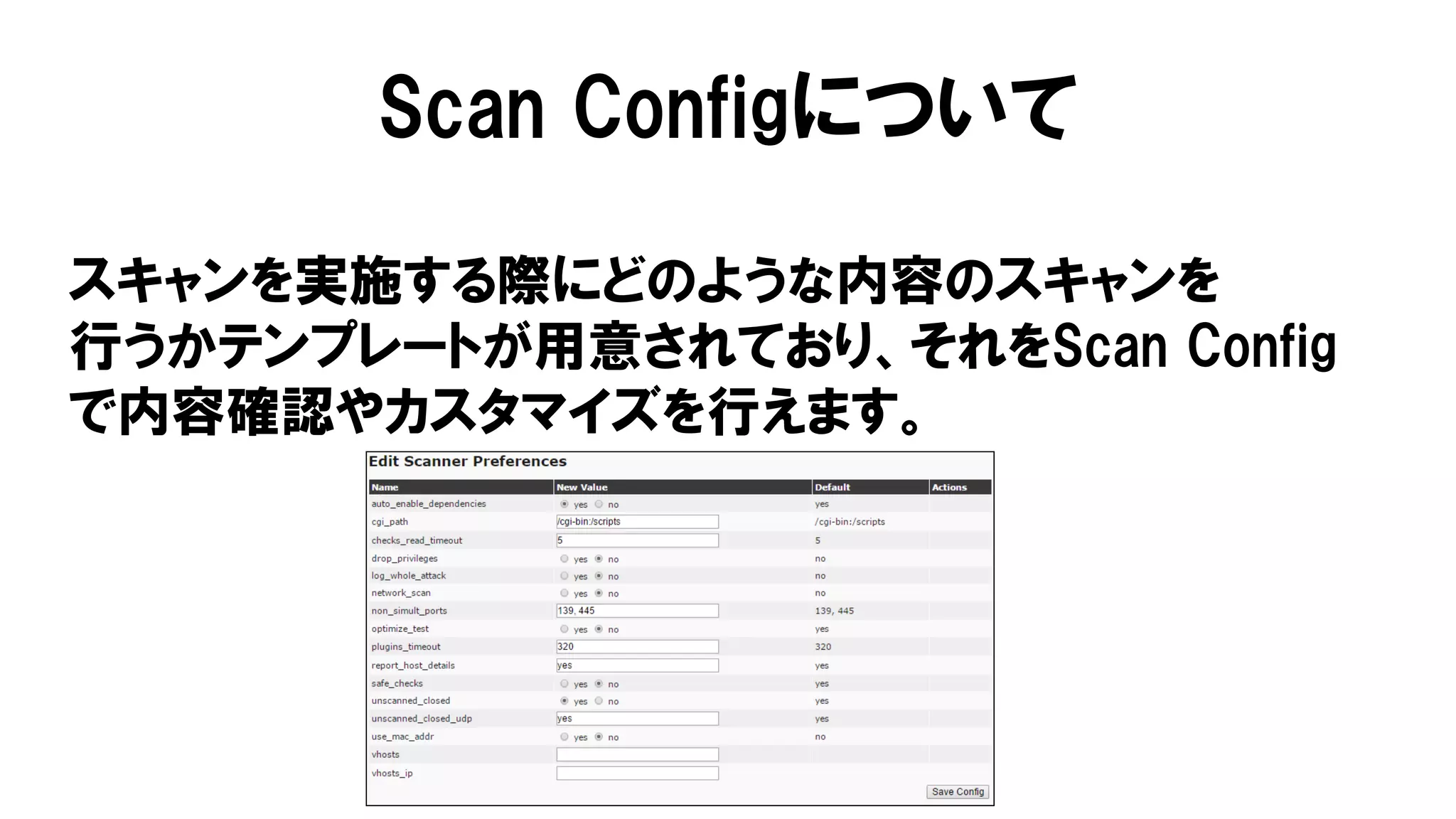 スキャンを実施する際にどのような内容のスキャンを
行うかテンプレートが用意されており、それをScan Config
で内容確認やカスタマイズを行えます。
Scan Configについて
 