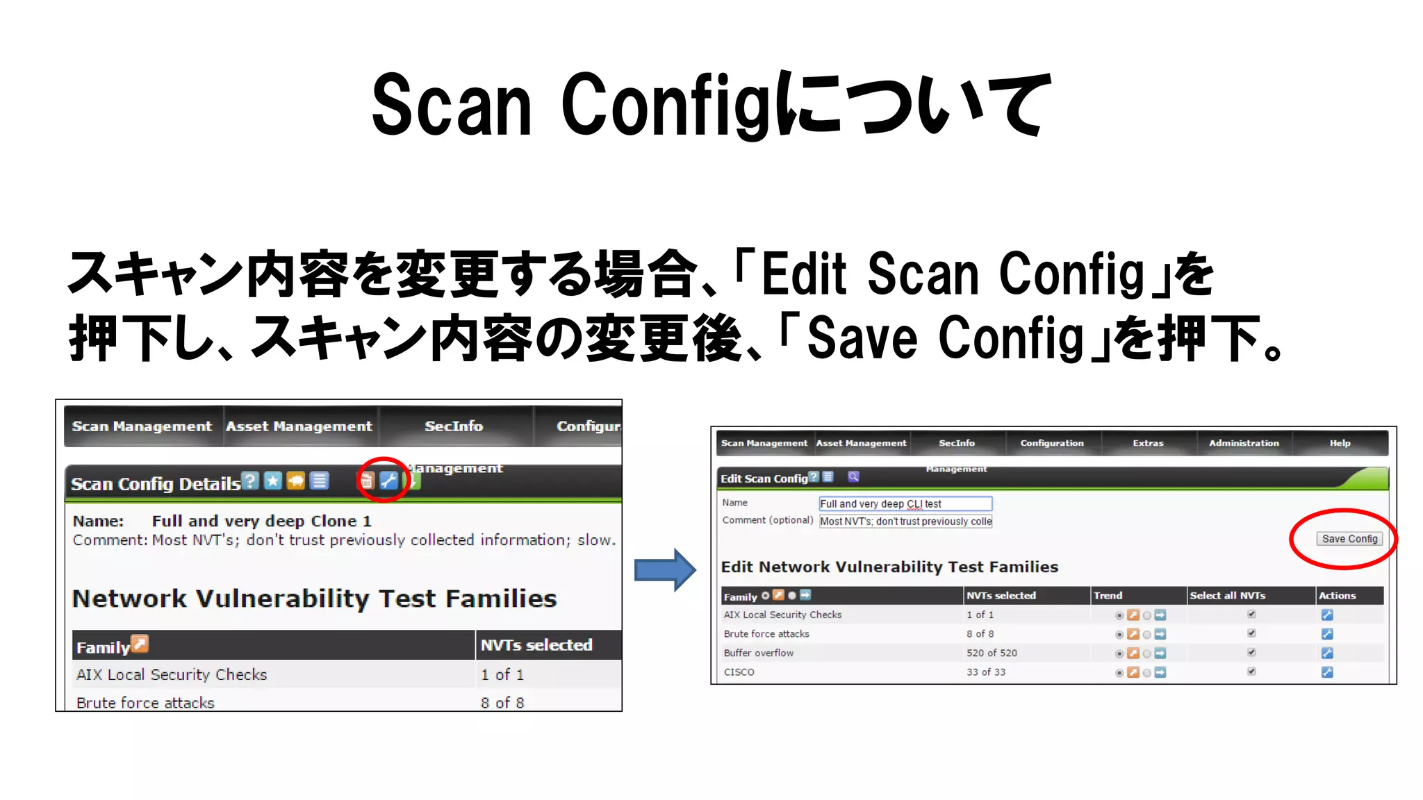 Scan Configについて
スキャン内容を変更する場合、「Edit Scan Config」を
押下し、スキャン内容の変更後、「Save Config」を押下。
 
