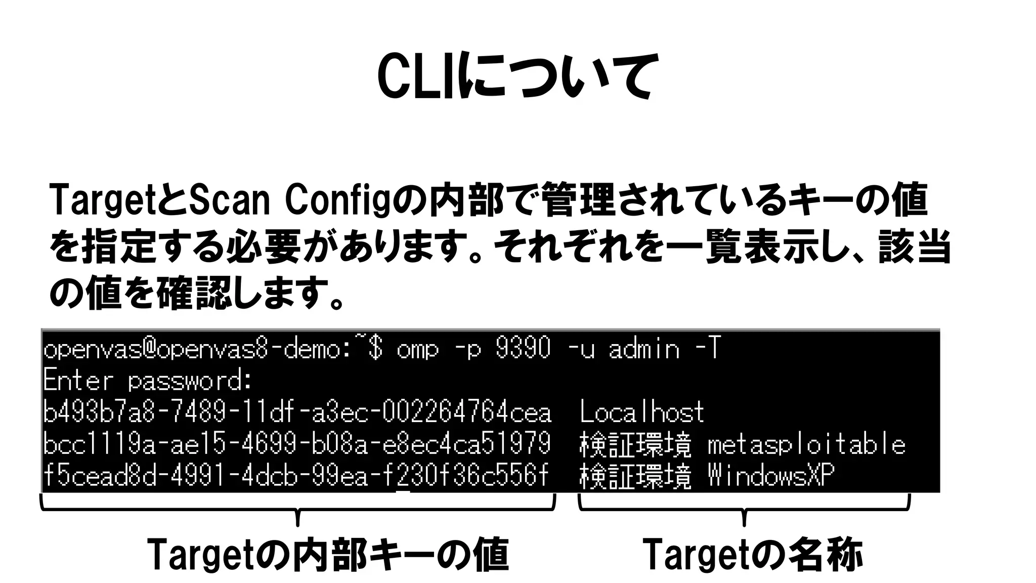 CLIについて
TargetとScan Configの内部で管理されているキーの値
を指定する必要があります。それぞれを一覧表示し、該当
の値を確認します。
Targetの内部キーの値 Targetの名称
 