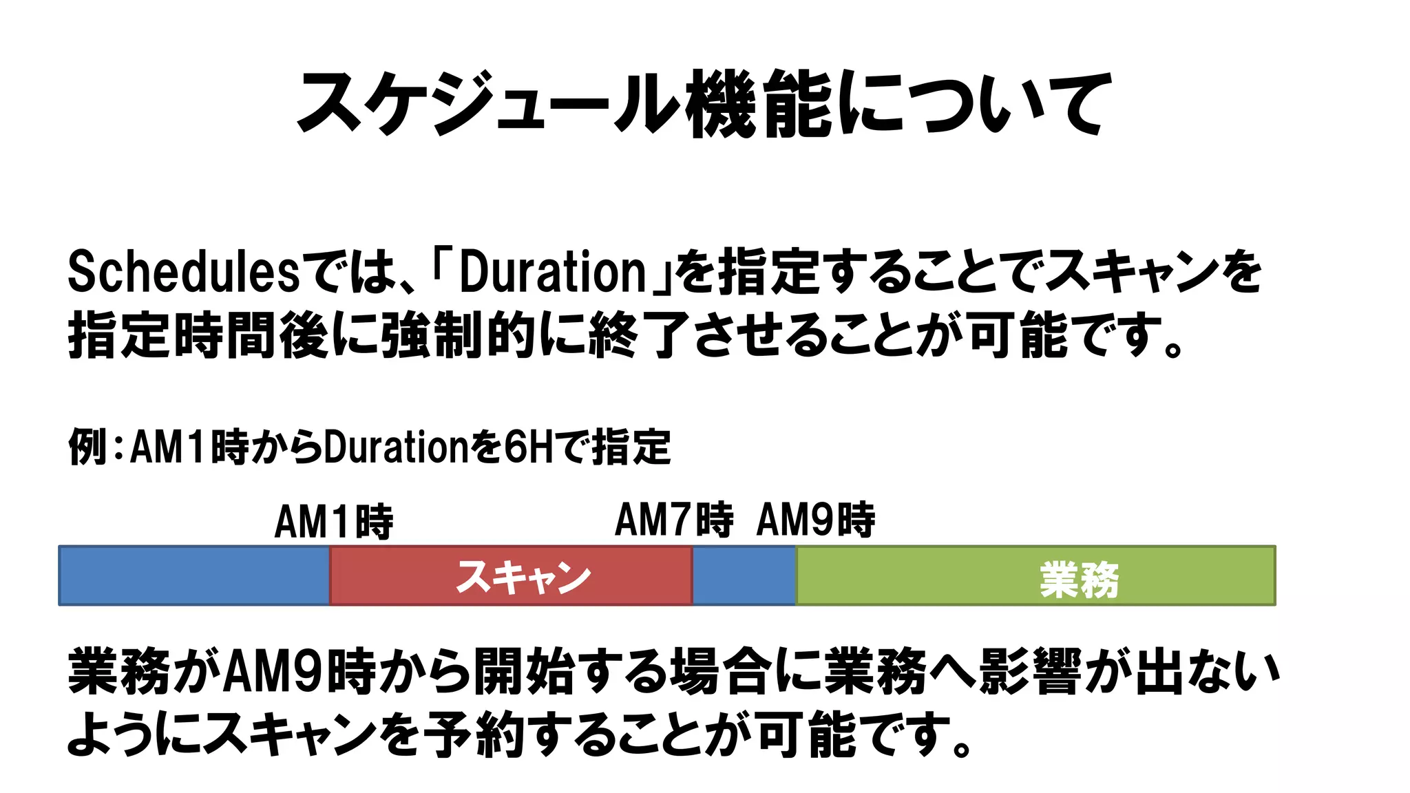 スケジュール機能について
Schedulesでは、「Duration」を指定することでスキャンを
指定時間後に強制的に終了させることが可能です。
スキャン
AM7時 AM9時
例：AM1時からDurationを6Hで指定
業務がAM9時から開始する場合に業務へ影響が出ない
ようにスキャンを予約することが可能です。
AM1時
業務
 