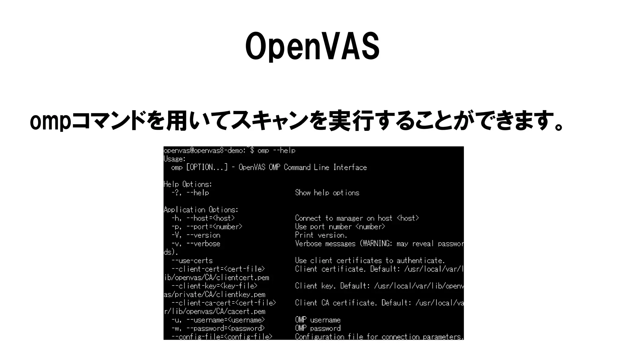 ompコマンドを用いてスキャンを実行することができます。
OpenVAS
 