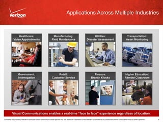 Applications Across Multiple Industries



                   Healthcare:                                                   Manufacturing:                                                  Utilities:                                                   Transportation:
               Video Appointments                                               Field Maintenance                                          Disaster Assessment                                               Asset Monitoring




                       Government:                                                   Retail:                                                         Finance:                                              Higher Education:
                       Interrogation                                            Customer Service                                                  Branch Kiosks                                            Remote Classroom




             Visual Communications enables a real-time “face to face” experience regardless of location.
Confidential and proprietary materials for authorized Verizon personnel and outside agencies only. Use, disclosure or distribution of this material is not permitted to any unauthorized persons or third parties except by written agreement.   9
 