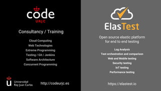 Node para Javeros · @micael_gallego
Consultancy / Training
Cloud Computing
Web Technologies
Extreme Programming
Testing / Git / Jenkins
Software Architecture
Concurrent Programming
http://codeurjc.es
Open source elastic platform
for end to end testing
https://elastest.io
Log Analysis
Test orchestration and comparison
Web and Mobile testing
Security testing
IoT testing
Performance testing
 