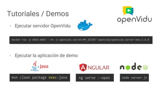 Tutoriales / Demos
- Ejecutar servidor OpenVidu
- Ejecutar la aplicación de demo
 