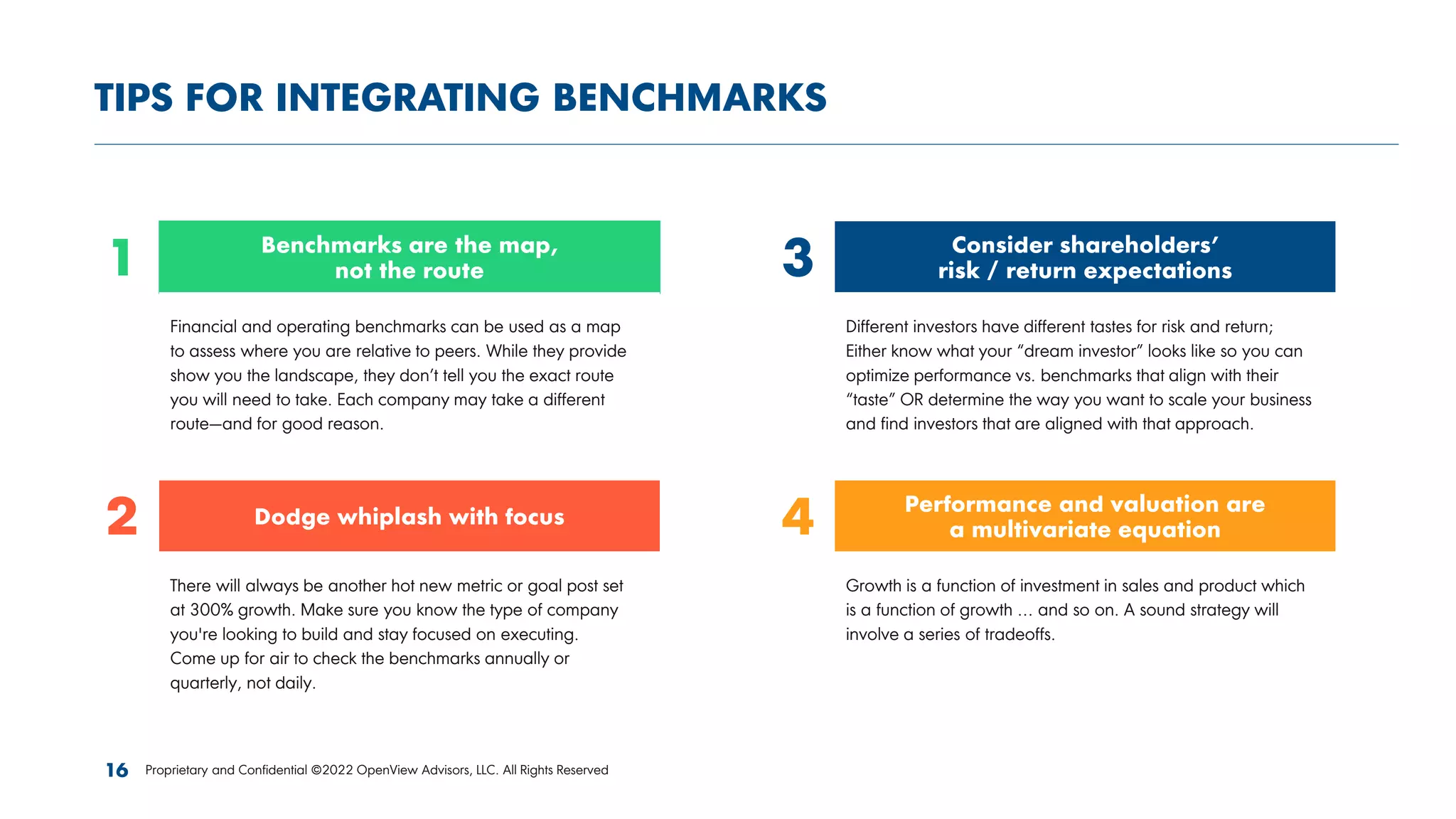 TIPS FOR INTEGRATING BENCHMARKS
Benchmarks are the map,
not the route
Financial and operating benchmarks can be used as a map
to assess where you are relative to peers. While they provide
show you the landscape, they don’t tell you the exact route
you will need to take. Each company may take a different
route—and for good reason.
1 Consider shareholders’
risk / return expectations
Different investors have different tastes for risk and return;
Either know what your “dream investor” looks like so you can
optimize performance vs. benchmarks that align with their
“taste” OR determine the way you want to scale your business
and find investors that are aligned with that approach.
3
Dodge whiplash with focus
There will always be another hot new metric or goal post set
at 300% growth. Make sure you know the type of company
you're looking to build and stay focused on executing.
Come up for air to check the benchmarks annually or
quarterly, not daily.
2 Performance and valuation are
a multivariate equation
Growth is a function of investment in sales and product which
is a function of growth … and so on. A sound strategy will
involve a series of tradeoffs.
4
16 Proprietary and Confidential ©2022 OpenView Advisors, LLC. All Rights Reserved
 