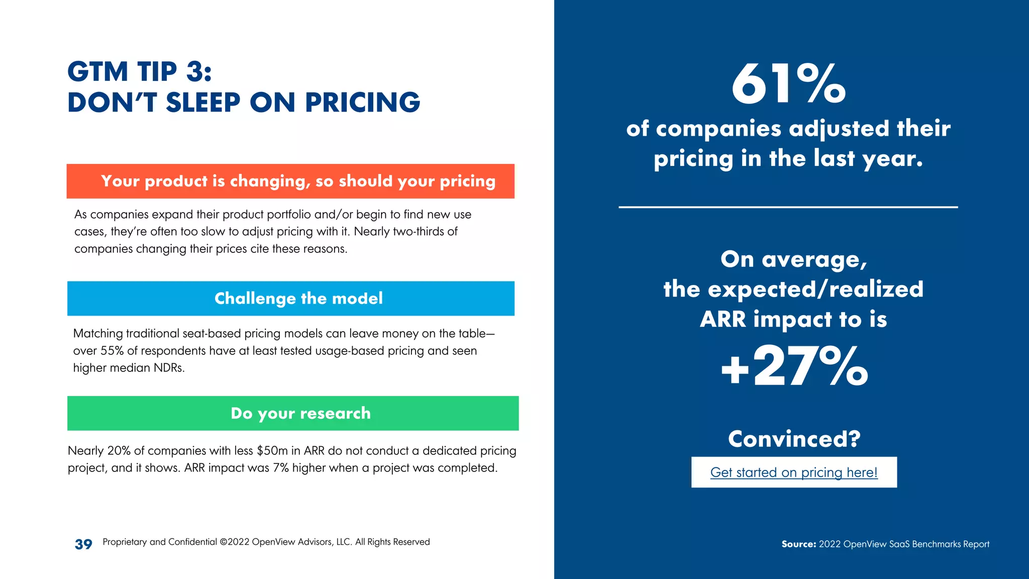 GTM TIP 3:
DON’T SLEEP ON PRICING
Your product is changing, so should your pricing
61%
of companies adjusted their
pricing in the last year.
On average,
the expected/realized
ARR impact to is
+27%
Source: 2022 OpenView SaaS Benchmarks Report
39 Proprietary and Confidential ©2022 OpenView Advisors, LLC. All Rights Reserved
As companies expand their product portfolio and/or begin to find new use
cases, they’re often too slow to adjust pricing with it. Nearly two-thirds of
companies changing their prices cite these reasons.
Challenge the model
Matching traditional seat-based pricing models can leave money on the table—
over 55% of respondents have at least tested usage-based pricing and seen
higher median NDRs.
Do your research
Nearly 20% of companies with less $50m in ARR do not conduct a dedicated pricing
project, and it shows. ARR impact was 7% higher when a project was completed. Get started on pricing here!
Convinced?
 