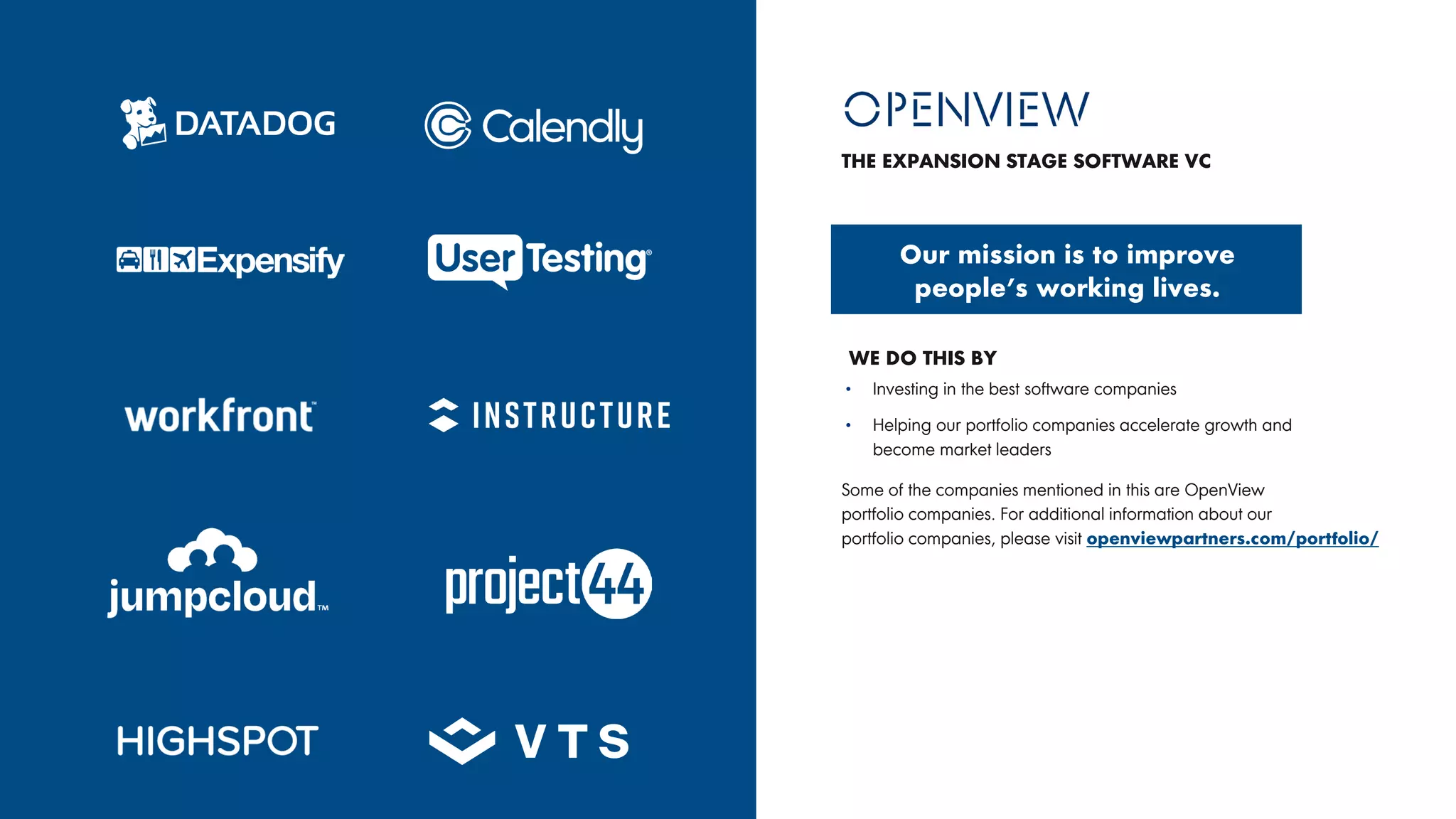 Our mission is to improve
people’s working lives.
THE EXPANSION STAGE SOFTWARE VC
• Investing in the best software companies
• Helping our portfolio companies accelerate growth and
become market leaders
WE DO THIS BY
Some of the companies mentioned in this are OpenView
portfolio companies. For additional information about our
portfolio companies, please visit openviewpartners.com/portfolio/
 