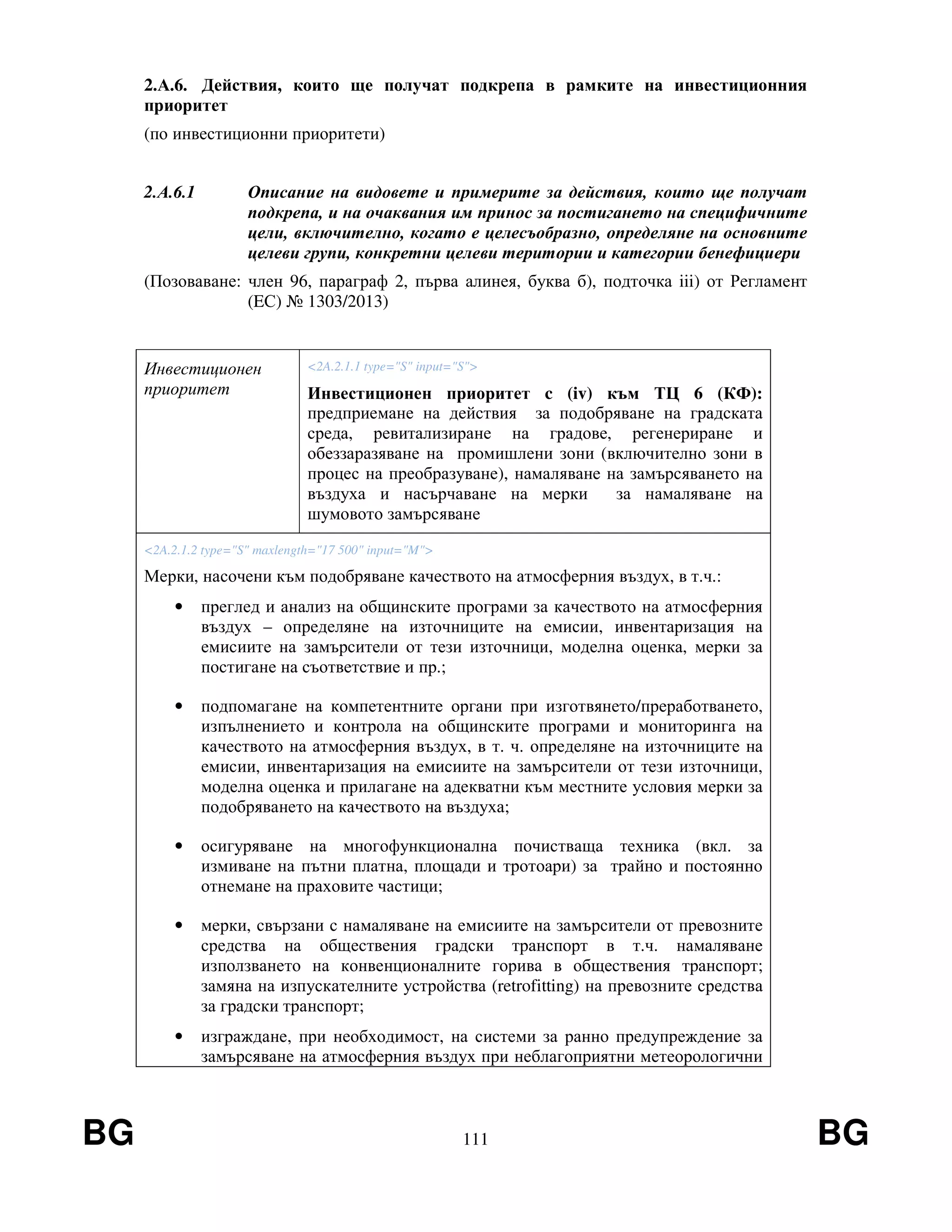 BG 111 BG
2.А.6. Действия, които ще получат подкрепа в рамките на инвестиционния
приоритет
(по инвестиционни приоритети)
2.А.6.1 Описание на видовете и примерите за действия, които ще получат
подкрепа, и на очаквания им принос за постигането на специфичните
цели, включително, когато е целесъобразно, определяне на основните
целеви групи, конкретни целеви територии и категории бенефициери
(Позоваване: член 96, параграф 2, първа алинея, буква б), подточка iii) от Регламент
(EС) № 1303/2013)
Инвестиционен
приоритет
<2A.2.1.1 type="S" input="S">
Инвестиционен приоритет c (iv) към ТЦ 6 (КФ):
предприемане на действия за подобряване на градската
среда, ревитализиране на градове, регенериране и
обеззаразяване на промишлени зони (включително зони в
процес на преобразуване), намаляване на замърсяването на
въздуха и насърчаване на мерки за намаляване на
шумовото замърсяване
<2A.2.1.2 type="S" maxlength="17 500" input="M">
Мерки, насочени към подобряване качеството на атмосферния въздух, в т.ч.:
• преглед и анализ на общинските програми за качеството на атмосферния
въздух – определяне на източниците на емисии, инвентаризация на
емисиите на замърсители от тези източници, моделна оценка, мерки за
постигане на съответствие и пр.;
• подпомагане на компетентните органи при изготвянето/преработването,
изпълнението и контрола на общинските програми и мониторинга на
качеството на атмосферния въздух, в т. ч. определяне на източниците на
емисии, инвентаризация на емисиите на замърсители от тези източници,
моделна оценка и прилагане на адекватни към местните условия мерки за
подобряването на качеството на въздуха;
• осигуряване на многофункционална почистваща техника (вкл. за
измиване на пътни платна, площади и тротоари) за трайно и постоянно
отнемане на праховите частици;
• мерки, свързани с намаляване на емисиите на замърсители от превозните
средства на обществения градски транспорт в т.ч. намаляване
използването на конвенционалните горива в обществения транспорт;
замяна на изпускателните устройства (retrofitting) на превозните средства
за градски транспорт;
• изграждане, при необходимост, на системи за ранно предупреждение за
замърсяване на атмосферния въздух при неблагоприятни метеорологични
 