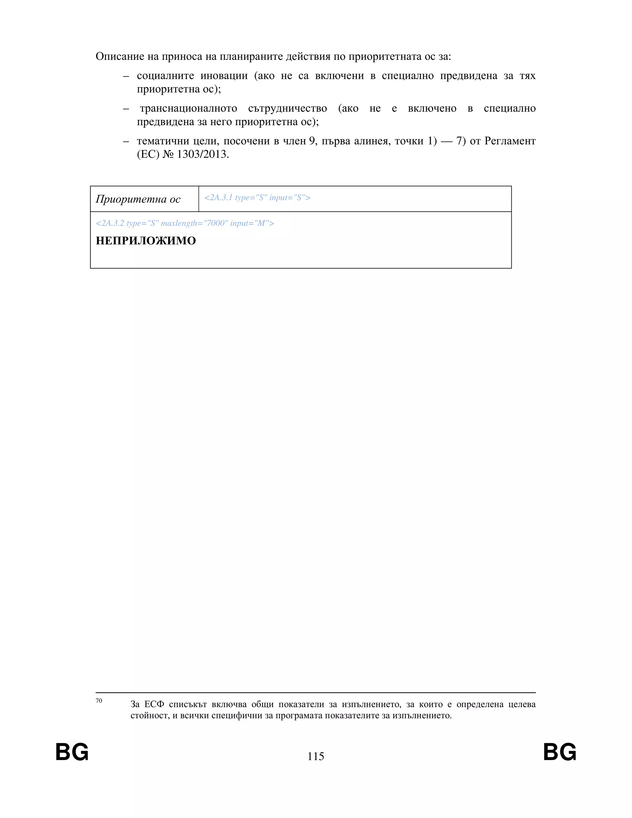 BG 115 BG
Описание на приноса на планираните действия по приоритетната ос за:
– социалните иновации (ако не са включени в специално предвидена за тях
приоритетна ос);
– транснационалното сътрудничество (ако не е включено в специално
предвидена за него приоритетна ос);
– тематични цели, посочени в член 9, първа алинея, точки 1) — 7) от Регламент
(ЕС) № 1303/2013.
Приоритетна ос <2A.3.1 type="S" input="S">
<2A.3.2 type="S" maxlength="7000" input="M">
НЕПРИЛОЖИМО
70
За ЕСФ списъкът включва общи показатели за изпълнението, за които е определена целева
стойност, и всички специфични за програмата показателите за изпълнението.
 