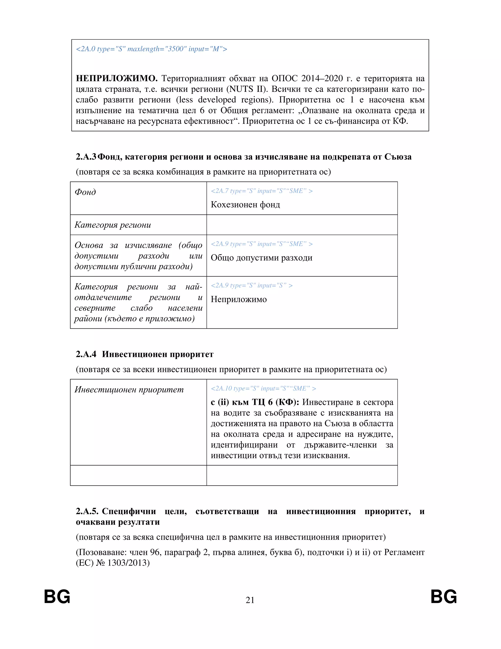BG 21 BG
<2A.0 type="S" maxlength="3500" input="M">
НЕПРИЛОЖИМО. Териториалният обхват на ОПОС 2014–2020 г. е територията на
цялата страната, т.е. всички региони (NUTS II). Всички те са категоризирани като по-
слабо развити региони (less developed regions). Приоритетна ос 1 е насочена към
изпълнение на тематична цел 6 от Общия регламент: „Опазване на околната среда и
насърчаване на ресурсната ефективност“. Приоритетна ос 1 се съ-финансира от КФ.
2.А.3Фонд, категория региони и основа за изчисляване на подкрепата от Съюза
(повтаря се за всяка комбинация в рамките на приоритетната ос)
Фонд <2A.7 type="S" input="S"“SME” >
Кохезионен фонд
Категория региони
Основа за изчисляване (общо
допустими разходи или
допустими публични разходи)
<2A.9 type="S" input="S"“SME” >
Общо допустими разходи
Категория региони за най-
отдалечените региони и
северните слабо населени
райони (където е приложимо)
<2A.9 type="S" input="S” >
Неприложимо
2.А.4 Инвестиционен приоритет
(повтаря се за всеки инвестиционен приоритет в рамките на приоритетната ос)
Инвестиционен приоритет <2A.10 type="S" input="S"“SME” >
c (ii) към ТЦ 6 (КФ): Инвестиране в сектора
на водите за съобразяване с изискванията на
достиженията на правото на Съюза в областта
на околната среда и адресиране на нуждите,
идентифицирани от държавите-членки за
инвестиции отвъд тези изисквания.
2.А.5. Специфични цели, съответстващи на инвестиционния приоритет, и
очаквани резултати
(повтаря се за всяка специфична цел в рамките на инвестиционния приоритет)
(Позоваване: член 96, параграф 2, първа алинея, буква б), подточки i) и ii) от Регламент
(EС) № 1303/2013)
 