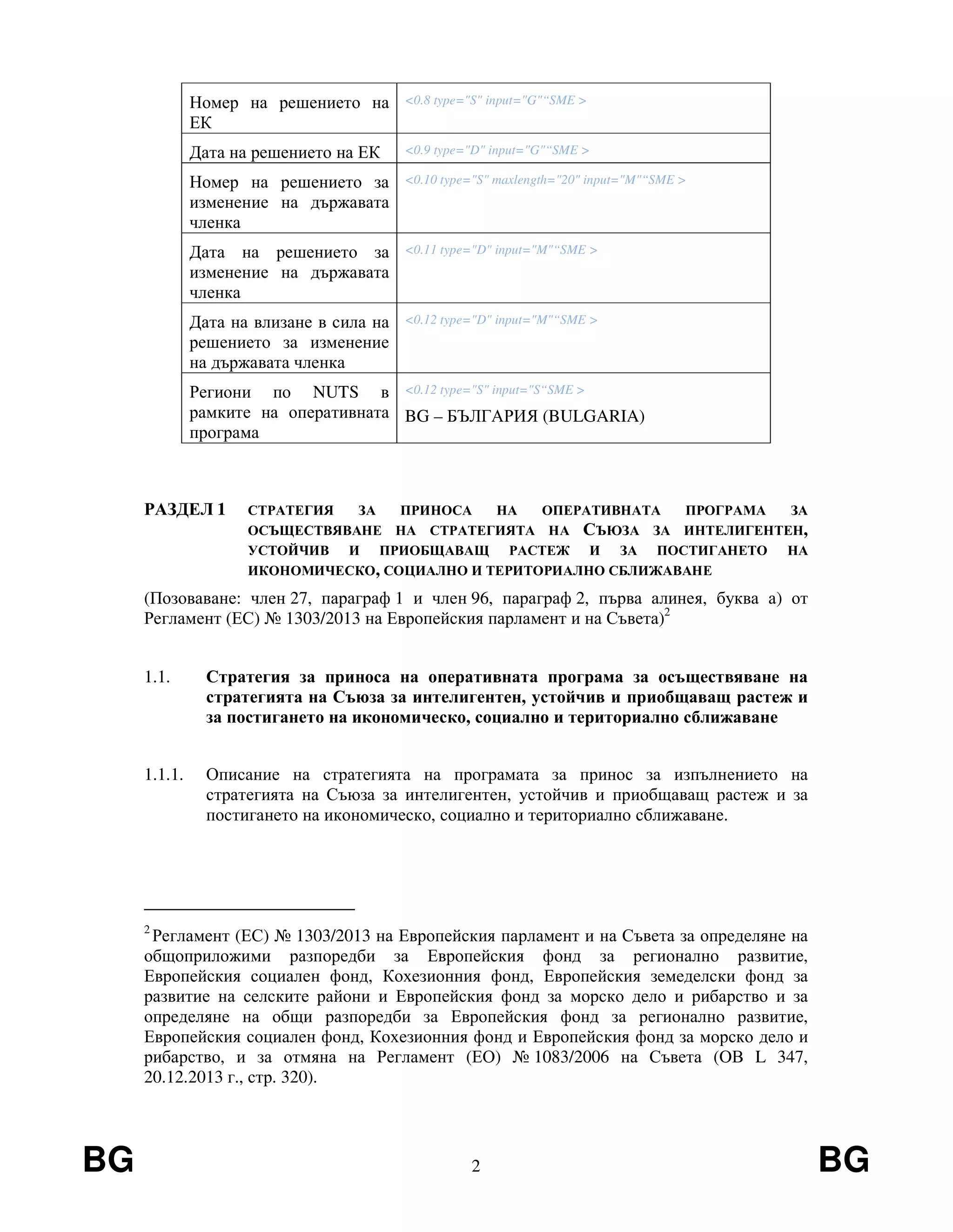 BG 2 BG
Номер на решението на
ЕК
<0.8 type="S" input="G"“SME >
Дата на решението на ЕК <0.9 type="D" input="G"“SME >
Номер на решението за
изменение на държавата
членка
<0.10 type="S" maxlength="20" input="M"“SME >
Дата на решението за
изменение на държавата
членка
<0.11 type="D" input="M"“SME >
Дата на влизане в сила на
решението за изменение
на държавата членка
<0.12 type="D" input="M"“SME >
Региони по NUTS в
рамките на оперативната
програма
<0.12 type="S" input="S“SME >
BG – БЪЛГАРИЯ (BULGARIA)
РАЗДЕЛ 1 СТРАТЕГИЯ ЗА ПРИНОСА НА ОПЕРАТИВНАТА ПРОГРАМА ЗА
ОСЪЩЕСТВЯВАНЕ НА СТРАТЕГИЯТА НА СЪЮЗА ЗА ИНТЕЛИГЕНТЕН,
УСТОЙЧИВ И ПРИОБЩАВАЩ РАСТЕЖ И ЗА ПОСТИГАНЕТО НА
ИКОНОМИЧЕСКО, СОЦИАЛНО И ТЕРИТОРИАЛНО СБЛИЖАВАНЕ
(Позоваване: член 27, параграф 1 и член 96, параграф 2, първа алинея, буква а) от
Регламент (ЕС) № 1303/2013 на Европейския парламент и на Съвета)2
1.1. Стратегия за приноса на оперативната програма за осъществяване на
стратегията на Съюза за интелигентен, устойчив и приобщаващ растеж и
за постигането на икономическо, социално и териториално сближаване
1.1.1. Описание на стратегията на програмата за принос за изпълнението на
стратегията на Съюза за интелигентен, устойчив и приобщаващ растеж и за
постигането на икономическо, социално и териториално сближаване.
2
Регламент (ЕС) № 1303/2013 на Европейския парламент и на Съвета за определяне на
общоприложими разпоредби за Европейския фонд за регионално развитие,
Европейския социален фонд, Кохезионния фонд, Европейския земеделски фонд за
развитие на селските райони и Европейския фонд за морско дело и рибарство и за
определяне на общи разпоредби за Европейския фонд за регионално развитие,
Европейския социален фонд, Кохезионния фонд и Европейския фонд за морско дело и
рибарство, и за отмяна на Регламент (ЕО) № 1083/2006 на Съвета (OВ L 347,
20.12.2013 г., стр. 320).
 
