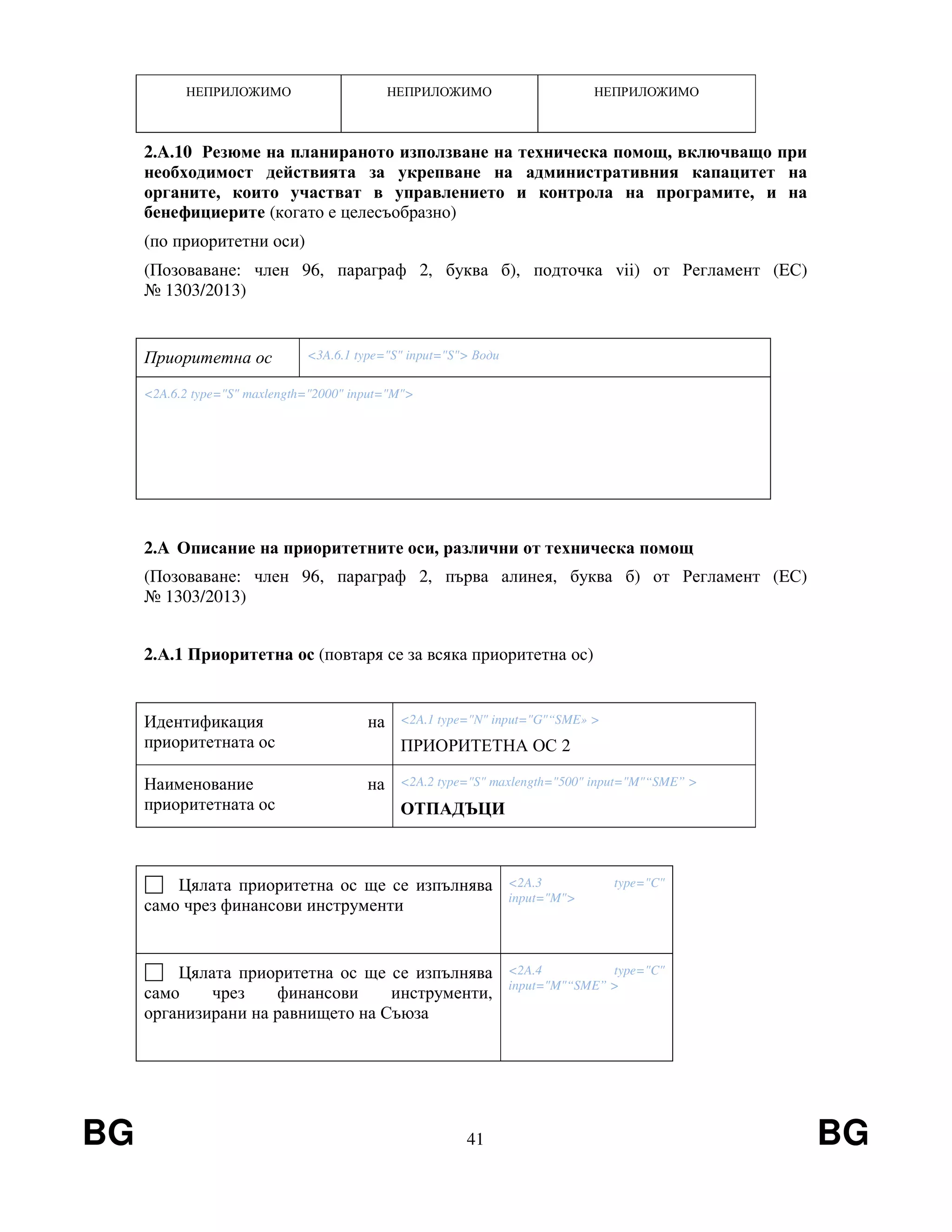 BG 41 BG
НЕПРИЛОЖИМО НЕПРИЛОЖИМО НЕПРИЛОЖИМО
2.A.10 Резюме на планираното използване на техническа помощ, включващо при
необходимост действията за укрепване на административния капацитет на
органите, които участват в управлението и контрола на програмите, и на
бенефициерите (когато е целесъобразно)
(по приоритетни оси)
(Позоваване: член 96, параграф 2, буква б), подточка vii) от Регламент (EС)
№ 1303/2013)
Приоритетна ос <3A.6.1 type="S" input="S"> Води
<2A.6.2 type="S" maxlength="2000" input="M">
2.A Описание на приоритетните оси, различни от техническа помощ
(Позоваване: член 96, параграф 2, първа алинея, буква б) от Регламент (EС)
№ 1303/2013)
2.А.1 Приоритетна ос (повтаря се за всяка приоритетна ос)
Идентификация на
приоритетната ос
<2A.1 type="N" input="G"“SME» >
ПРИОРИТЕТНА ОС 2
Наименование на
приоритетната ос
<2A.2 type="S" maxlength="500" input="M"“SME” >
ОТПАДЪЦИ
Цялата приоритетна ос ще се изпълнява
само чрез финансови инструменти
<2A.3 type="C"
input="M">
Цялата приоритетна ос ще се изпълнява
само чрез финансови инструменти,
организирани на равнището на Съюза
<2A.4 type="C"
input="M"“SME” >
 