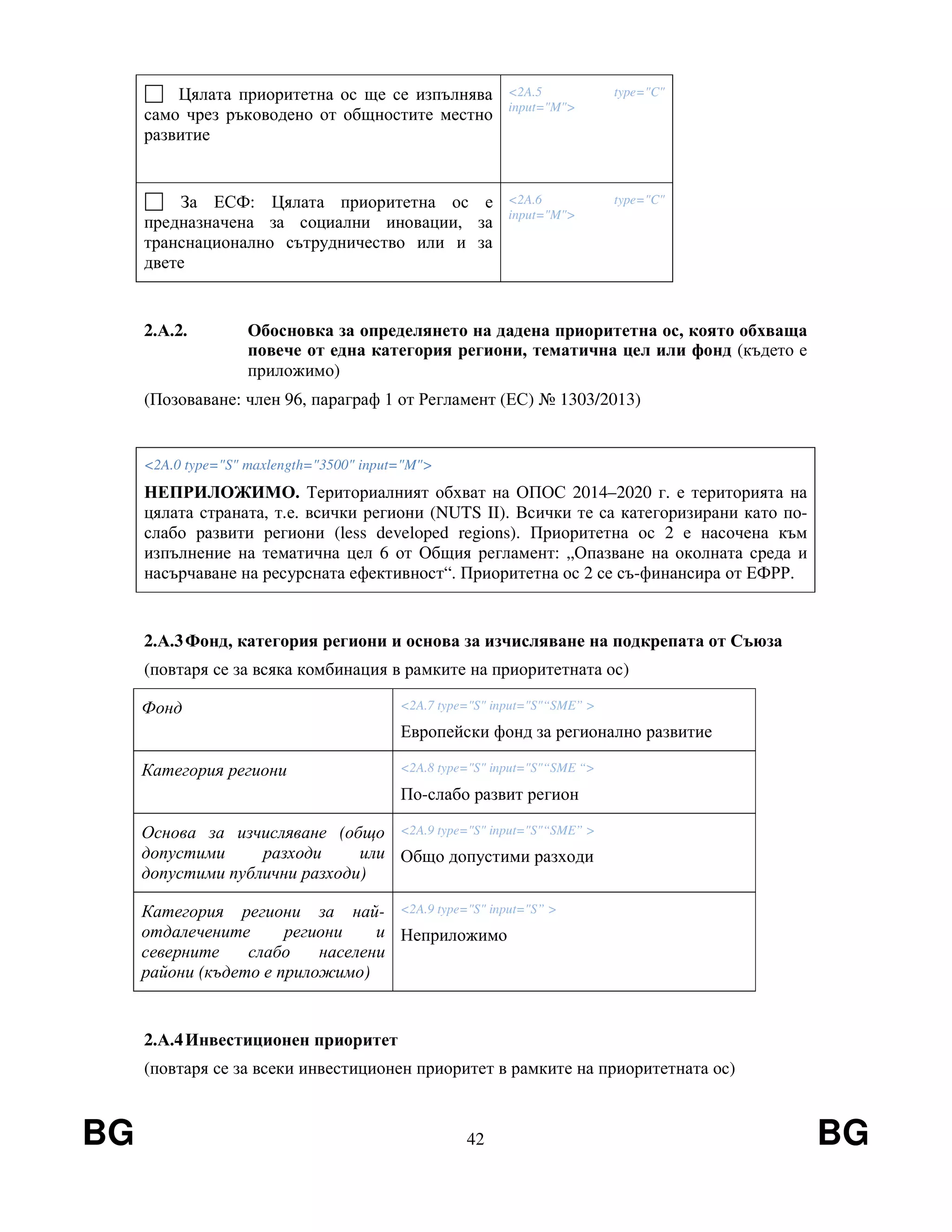 BG 42 BG
Цялата приоритетна ос ще се изпълнява
само чрез ръководено от общностите местно
развитие
<2A.5 type="C"
input="M">
За ЕСФ: Цялата приоритетна ос е
предназначена за социални иновации, за
транснационално сътрудничество или и за
двете
<2A.6 type="C"
input="M">
2.А.2. Обосновка за определянето на дадена приоритетна ос, която обхваща
повече от една категория региони, тематична цел или фонд (където е
приложимо)
(Позоваване: член 96, параграф 1 от Регламент (ЕС) № 1303/2013)
<2A.0 type="S" maxlength="3500" input="M">
НЕПРИЛОЖИМО. Териториалният обхват на ОПОС 2014–2020 г. е територията на
цялата страната, т.е. всички региони (NUTS II). Всички те са категоризирани като по-
слабо развити региони (less developed regions). Приоритетна ос 2 е насочена към
изпълнение на тематична цел 6 от Общия регламент: „Опазване на околната среда и
насърчаване на ресурсната ефективност“. Приоритетна ос 2 се съ-финансира от ЕФРР.
2.А.3Фонд, категория региони и основа за изчисляване на подкрепата от Съюза
(повтаря се за всяка комбинация в рамките на приоритетната ос)
Фонд <2A.7 type="S" input="S"“SME” >
Европейски фонд за регионално развитие
Категория региони <2A.8 type="S" input="S"“SME “>
По-слабо развит регион
Основа за изчисляване (общо
допустими разходи или
допустими публични разходи)
<2A.9 type="S" input="S"“SME” >
Общо допустими разходи
Категория региони за най-
отдалечените региони и
северните слабо населени
райони (където е приложимо)
<2A.9 type="S" input="S” >
Неприложимо
2.А.4Инвестиционен приоритет
(повтаря се за всеки инвестиционен приоритет в рамките на приоритетната ос)
 