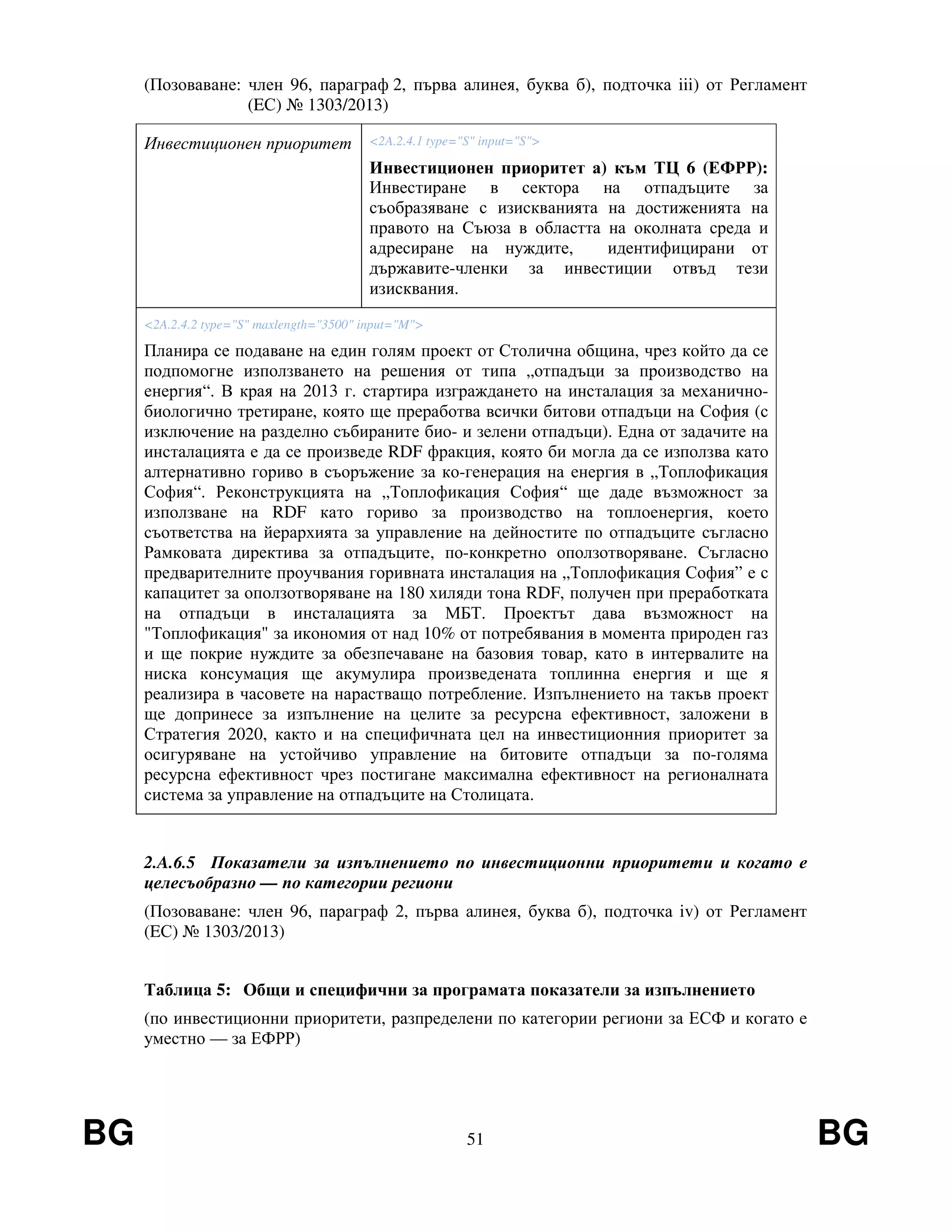 BG 51 BG
(Позоваване: член 96, параграф 2, първа алинея, буква б), подточка iii) от Регламент
(EС) № 1303/2013)
Инвестиционен приоритет <2A.2.4.1 type="S" input="S">
Инвестиционен приоритет а) към ТЦ 6 (ЕФРР):
Инвестиране в сектора на отпадъците за
съобразяване с изискванията на достиженията на
правото на Съюза в областта на околната среда и
адресиране на нуждите, идентифицирани от
държавите-членки за инвестиции отвъд тези
изисквания.
<2A.2.4.2 type="S" maxlength="3500" input="M">
Планира се подаване на един голям проект от Столична община, чрез който да се
подпомогне използването на решения от типа „отпадъци за производство на
енергия“. В края на 2013 г. стартира изграждането на инсталация за механично-
биологично третиране, която ще преработва всички битови отпадъци на София (с
изключение на разделно събираните био- и зелени отпадъци). Една от задачите на
инсталацията е да се произведе RDF фракция, която би могла да се използва като
алтернативно гориво в съоръжение за ко-генерация на енергия в „Топлофикация
София“. Реконструкцията на „Топлофикация София“ ще даде възможност за
използване на RDF като гориво за производство на топлоенергия, което
съответства на йерархията за управление на дейностите по отпадъците съгласно
Рамковата директива за отпадъците, по-конкретно оползотворяване. Съгласно
предварителните проучвания горивната инсталация на „Топлофикация София” е с
капацитет за оползотворяване на 180 хиляди тона RDF, получен при преработката
на отпадъци в инсталацията за МБТ. Проектът дава възможност на
"Топлофикация" за икономия от над 10% от потребявания в момента природен газ
и ще покрие нуждите за обезпечаване на базовия товар, като в интервалите на
ниска консумация ще акумулира произведената топлинна енергия и ще я
реализира в часовете на нарастващо потребление. Изпълнението на такъв проект
ще допринесе за изпълнение на целите за ресурсна ефективност, заложени в
Стратегия 2020, както и на специфичната цел на инвестиционния приоритет за
осигуряване на устойчиво управление на битовите отпадъци за по-голяма
ресурсна ефективност чрез постигане максимална ефективност на регионалната
система за управление на отпадъците на Столицата.
2.A.6.5 Показатели за изпълнението по инвестиционни приоритети и когато е
целесъобразно — по категории региони
(Позоваване: член 96, параграф 2, първа алинея, буква б), подточка iv) от Регламент
(EС) № 1303/2013)
Таблица 5: Общи и специфични за програмата показатели за изпълнението
(по инвестиционни приоритети, разпределени по категории региони за ЕСФ и когато е
уместно — за ЕФРР)
 