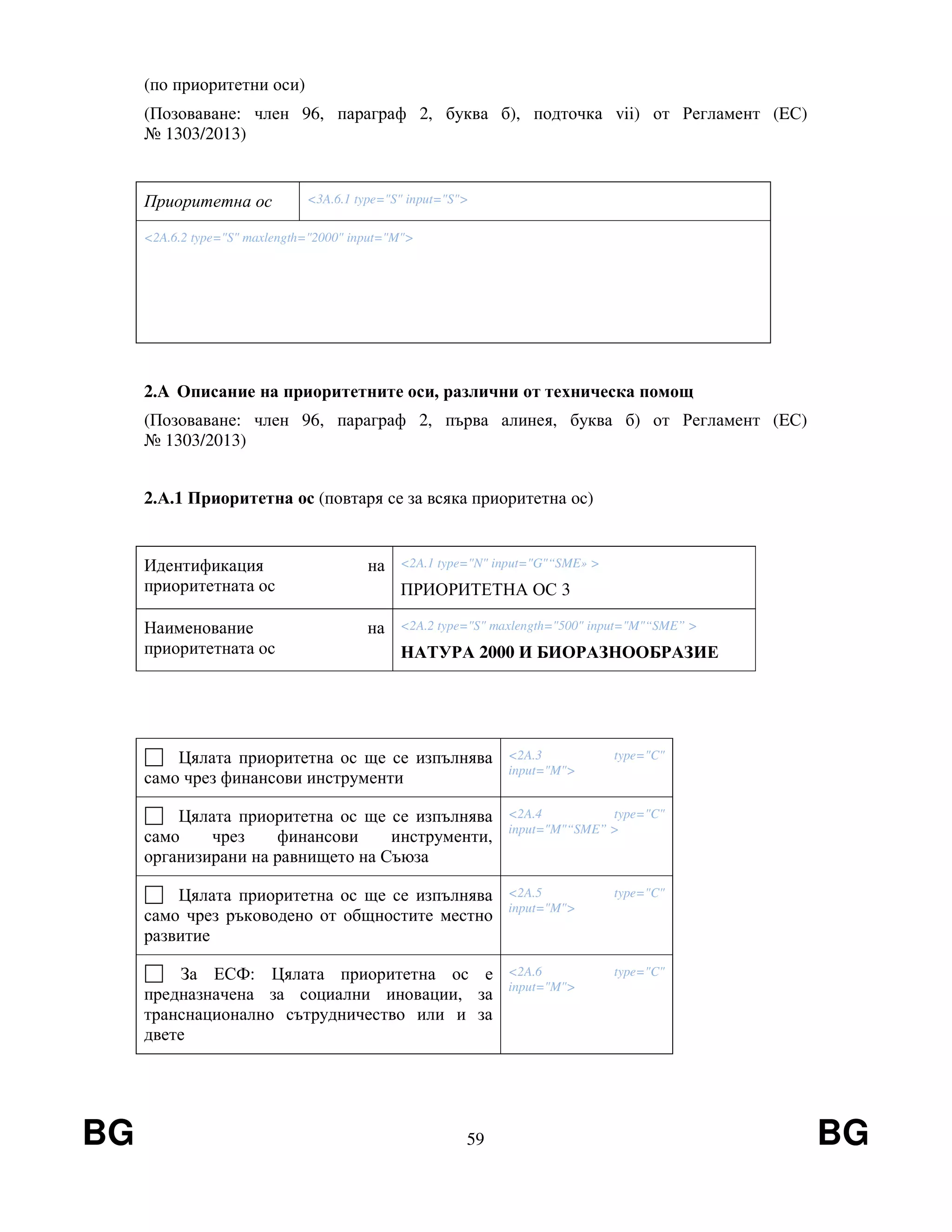 BG 59 BG
(по приоритетни оси)
(Позоваване: член 96, параграф 2, буква б), подточка vii) от Регламент (EС)
№ 1303/2013)
Приоритетна ос <3A.6.1 type="S" input="S">
<2A.6.2 type="S" maxlength="2000" input="M">
2.A Описание на приоритетните оси, различни от техническа помощ
(Позоваване: член 96, параграф 2, първа алинея, буква б) от Регламент (EС)
№ 1303/2013)
2.А.1 Приоритетна ос (повтаря се за всяка приоритетна ос)
Идентификация на
приоритетната ос
<2A.1 type="N" input="G"“SME» >
ПРИОРИТЕТНА ОС 3
Наименование на
приоритетната ос
<2A.2 type="S" maxlength="500" input="M"“SME” >
НАТУРА 2000 И БИОРАЗНООБРАЗИЕ
Цялата приоритетна ос ще се изпълнява
само чрез финансови инструменти
<2A.3 type="C"
input="M">
Цялата приоритетна ос ще се изпълнява
само чрез финансови инструменти,
организирани на равнището на Съюза
<2A.4 type="C"
input="M"“SME” >
Цялата приоритетна ос ще се изпълнява
само чрез ръководено от общностите местно
развитие
<2A.5 type="C"
input="M">
За ЕСФ: Цялата приоритетна ос е
предназначена за социални иновации, за
транснационално сътрудничество или и за
двете
<2A.6 type="C"
input="M">
 