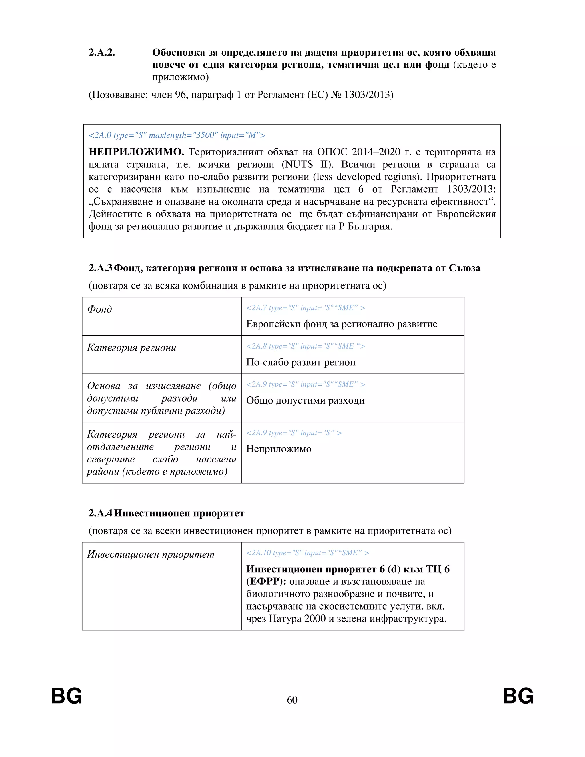 BG 60 BG
2.А.2. Обосновка за определянето на дадена приоритетна ос, която обхваща
повече от една категория региони, тематична цел или фонд (където е
приложимо)
(Позоваване: член 96, параграф 1 от Регламент (ЕС) № 1303/2013)
<2A.0 type="S" maxlength="3500" input="M">
НЕПРИЛОЖИМО. Териториалният обхват на ОПОС 2014–2020 г. е територията на
цялата страната, т.е. всички региони (NUTS II). Всички региони в страната са
категоризирани като по-слабо развити региони (less developed regions). Приоритетната
ос е насочена към изпълнение на тематична цел 6 от Регламент 1303/2013:
„Съхраняване и опазване на околната среда и насърчаване на ресурсната ефективност“.
Дейностите в обхвата на приоритетната ос ще бъдат съфинансирани от Европейския
фонд за регионално развитие и държавния бюджет на Р България.
2.А.3Фонд, категория региони и основа за изчисляване на подкрепата от Съюза
(повтаря се за всяка комбинация в рамките на приоритетната ос)
Фонд <2A.7 type="S" input="S"“SME” >
Европейски фонд за регионално развитие
Категория региони <2A.8 type="S" input="S"“SME “>
По-слабо развит регион
Основа за изчисляване (общо
допустими разходи или
допустими публични разходи)
<2A.9 type="S" input="S"“SME” >
Общо допустими разходи
Категория региони за най-
отдалечените региони и
северните слабо населени
райони (където е приложимо)
<2A.9 type="S" input="S” >
Неприложимо
2.А.4Инвестиционен приоритет
(повтаря се за всеки инвестиционен приоритет в рамките на приоритетната ос)
Инвестиционен приоритет <2A.10 type="S" input="S"“SME” >
Инвестиционен приоритет 6 (d) към ТЦ 6
(ЕФРР): опазване и възстановяване на
биологичното разнообразие и почвите, и
насърчаване на екосистемните услуги, вкл.
чрез Натура 2000 и зелена инфраструктура.
 