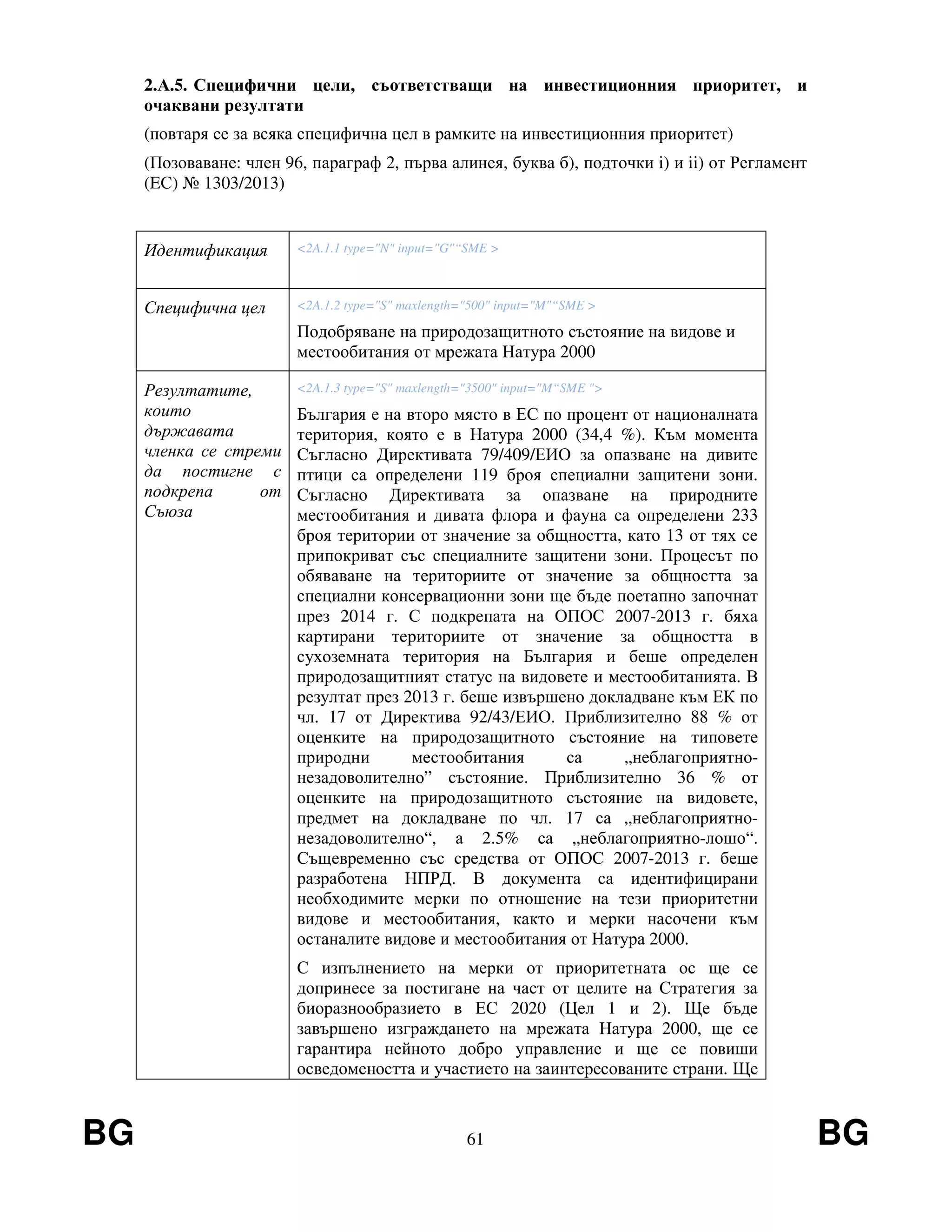BG 61 BG
2.А.5. Специфични цели, съответстващи на инвестиционния приоритет, и
очаквани резултати
(повтаря се за всяка специфична цел в рамките на инвестиционния приоритет)
(Позоваване: член 96, параграф 2, първа алинея, буква б), подточки i) и ii) от Регламент
(EС) № 1303/2013)
Идентификация <2A.1.1 type="N" input="G"“SME >
Специфична цел <2A.1.2 type="S" maxlength="500" input="M"“SME >
Подобряване на природозащитното състояние на видове и
местообитания от мрежата Натура 2000
Резултатите,
които
държавата
членка се стреми
да постигне с
подкрепа от
Съюза
<2A.1.3 type="S" maxlength="3500" input="M“SME ">
България е на второ място в ЕС по процент от националната
територия, която е в Натура 2000 (34,4 %). Към момента
Съгласно Директивата 79/409/ЕИО за опазване на дивите
птици са определени 119 броя специални защитени зони.
Съгласно Директивата за опазване на природните
местообитания и дивата флора и фауна са определени 233
броя територии от значение за общността, като 13 от тях се
припокриват със специалните защитени зони. Процесът по
обяваване на териториите от значение за общността за
специални консервационни зони ще бъде поетапно започнат
през 2014 г. С подкрепата на ОПОС 2007-2013 г. бяха
картирани териториите от значение за общността в
сухоземната територия на България и беше определен
природозащитният статус на видовете и местообитанията. В
резултат през 2013 г. беше извършено докладване към ЕК по
чл. 17 от Директива 92/43/ЕИО. Приблизително 88 % от
оценките на природозащитното състояние на типовете
природни местообитания са „неблагоприятно-
незадоволително” състояние. Приблизително 36 % от
оценките на природозащитното състояние на видовете,
предмет на докладване по чл. 17 са „неблагоприятно-
незадоволително“, а 2.5% са „неблагоприятно-лошо“.
Същевременно със средства от ОПОС 2007-2013 г. беше
разработена НПРД. В документа са идентифицирани
необходимите мерки по отношение на тези приоритетни
видове и местообитания, както и мерки насочени към
останалите видове и местообитания от Натура 2000.
С изпълнението на мерки от приоритетната ос ще се
допринесе за постигане на част от целите на Стратегия за
биоразнообразието в ЕС 2020 (Цел 1 и 2). Ще бъде
завършено изграждането на мрежата Натура 2000, ще се
гарантира нейното добро управление и ще се повиши
осведомеността и участието на заинтересованите страни. Ще
 