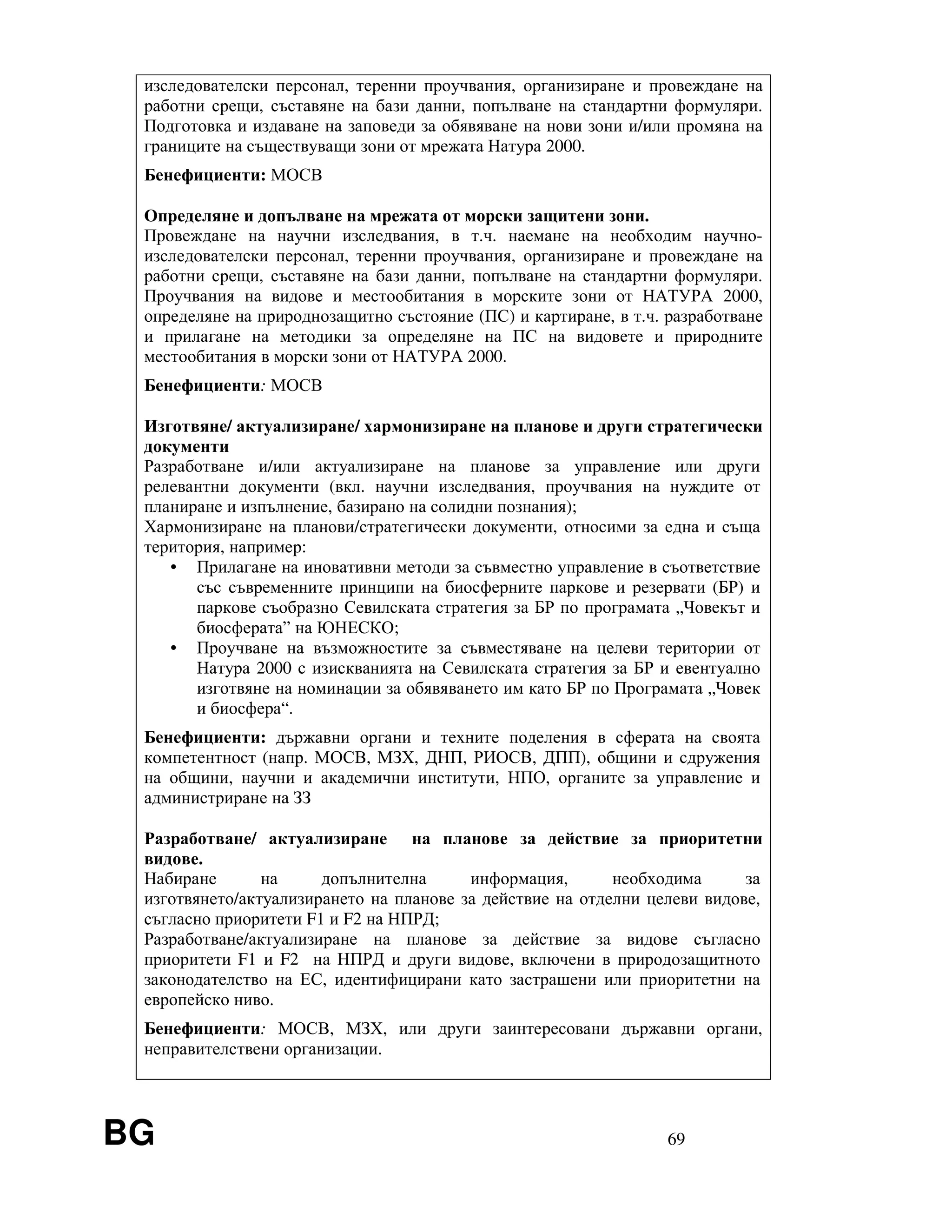 BG 69
изследователски персонал, теренни проучвания, организиране и провеждане на
работни срещи, съставяне на бази данни, попълване на стандартни формуляри.
Подготовка и издаване на заповеди за обявяване на нови зони и/или промяна на
границите на съществуващи зони от мрежата Натура 2000.
Бенефициенти: МОСВ
Определяне и допълване на мрежата от морски защитени зони.
Провеждане на научни изследвания, в т.ч. наемане на необходим научно-
изследователски персонал, теренни проучвания, организиране и провеждане на
работни срещи, съставяне на бази данни, попълване на стандартни формуляри.
Проучвания на видове и местообитания в морските зони от НАТУРА 2000,
определяне на природнозащитно състояние (ПС) и картиране, в т.ч. разработване
и прилагане на методики за определяне на ПС на видовете и природните
местообитания в морски зони от НАТУРА 2000.
Бенефициенти: МОСВ
Изготвяне/ актуализиране/ хармонизиране на планове и други стратегически
документи
Разработване и/или актуализиране на планове за управление или други
релевантни документи (вкл. научни изследвания, проучвания на нуждите от
планиране и изпълнение, базирано на солидни познания);
Хармонизиране на планови/стратегически документи, относими за една и съща
територия, например:
• Прилагане на иновативни методи за съвместно управление в съответствие
със съвременните принципи на биосферните паркове и резервати (БР) и
паркове съобразно Севилската стратегия за БР по програмата „Човекът и
биосферата” на ЮНЕСКО;
• Проучване на възможностите за съвместяване на целеви територии от
Натура 2000 с изискванията на Севилската стратегия за БР и евентуално
изготвяне на номинации за обявяването им като БР по Програмата „Човек
и биосфера“.
Бенефициенти: държавни органи и техните поделения в сферата на своята
компетентност (напр. МОСВ, МЗХ, ДНП, РИОСВ, ДПП), общини и сдружения
на общини, научни и академични институти, НПО, органите за управление и
администриране на ЗЗ
Разработване/ актуализиране на планове за действие за приоритетни
видове.
Набиране на допълнителна информация, необходима за
изготвянето/актуализирането на планове за действие на отделни целеви видове,
съгласно приоритети F1 и F2 на НПРД;
Разработване/актуализиране на планове за действие за видове съгласно
приоритети F1 и F2 на НПРД и други видове, включени в природозащитното
законодателство на ЕС, идентифицирани като застрашени или приоритетни на
европейско ниво.
Бенефициенти: МОСВ, МЗХ, или други заинтересовани държавни органи,
неправителствени организации.
 
