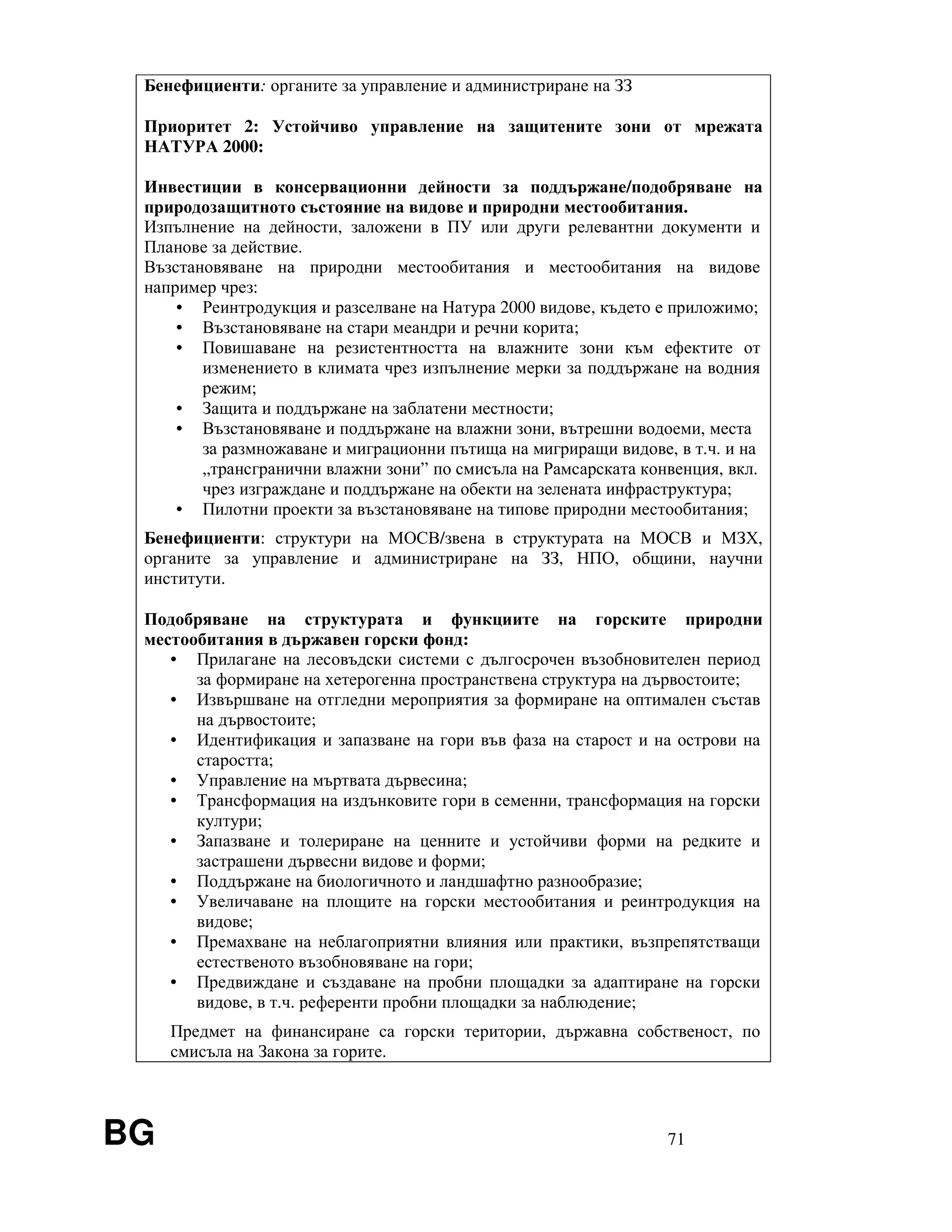 BG 71
Бенефициенти: органите за управление и администриране на ЗЗ
Приоритет 2: Устойчиво управление на защитените зони от мрежата
НАТУРА 2000:
Инвестиции в консервационни дейности за поддържане/подобряване на
природозащитното състояние на видове и природни местообитания.
Изпълнение на дейности, заложени в ПУ или други релевантни документи и
Планове за действие.
Възстановяване на природни местообитания и местообитания на видове
например чрез:
• Реинтродукция и разселване на Натура 2000 видове, където е приложимо;
• Възстановяване на стари меандри и речни корита;
• Повишаване на резистентността на влажните зони към ефектите от
изменението в климата чрез изпълнение мерки за поддържане на водния
режим;
• Защита и поддържане на заблатени местности;
• Възстановяване и поддържане на влажни зони, вътрешни водоеми, места
за размножаване и миграционни пътища на мигриращи видове, в т.ч. и на
„трансгранични влажни зони” по смисъла на Рамсарската конвенция, вкл.
чрез изграждане и поддържане на обекти на зелената инфраструктура;
• Пилотни проекти за възстановяване на типове природни местообитания;
Бенефициенти: структури на МОСВ/звена в структурата на МОСВ и МЗХ,
органите за управление и администриране на ЗЗ, НПО, общини, научни
институти.
Подобряване на структурата и функциите на горските природни
местообитания в държавен горски фонд:
• Прилагане на лесовъдски системи с дългосрочен възобновителен период
за формиране на хетерогенна пространствена структура на дървостоите;
• Извършване на отгледни мероприятия за формиране на оптимален състав
на дървостоите;
• Идентификация и запазване на гори във фаза на старост и на острови на
старостта;
• Управление на мъртвата дървесина;
• Трансформация на издънковите гори в семенни, трансформация на горски
култури;
• Запазване и толериране на ценните и устойчиви форми на редките и
застрашени дървесни видове и форми;
• Поддържане на биологичното и ландшафтно разнообразие;
• Увеличаване на площите на горски местообитания и реинтродукция на
видове;
• Премахване на неблагоприятни влияния или практики, възпрепятстващи
естественото възобновяване на гори;
• Предвиждане и създаване на пробни площадки за адаптиране на горски
видове, в т.ч. референти пробни площадки за наблюдение;
Предмет на финансиране са горски територии, държавна собственост, по
смисъла на Закона за горите.
 